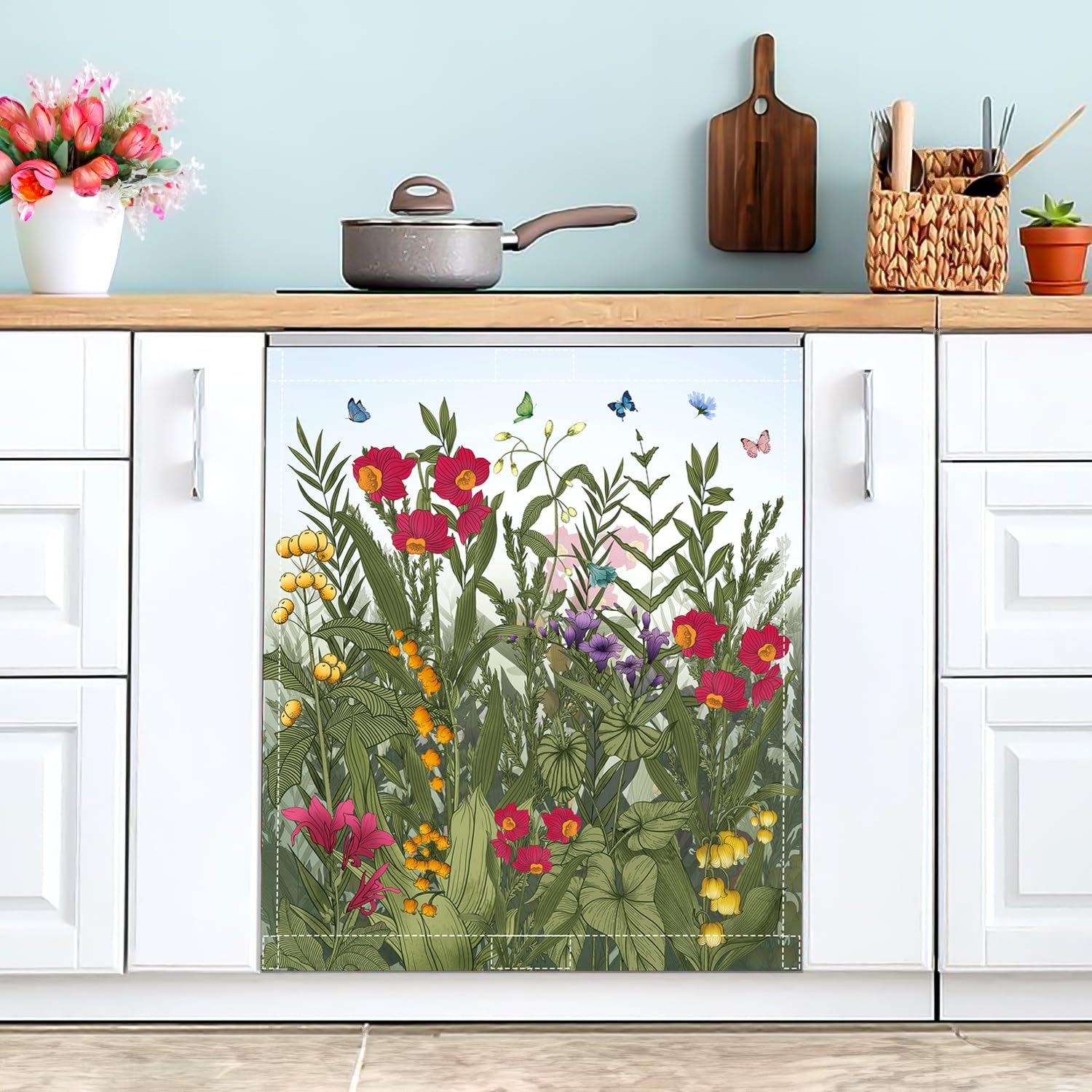 Summer Flowers Dishwasher Magnet Cover Wildflowers Dishwasher Magnet Sticker for Kitchen Decoration 23x26 in Farmhouse Floral Refrigerator Magnet Cover Fridge Panel Decal Pad
