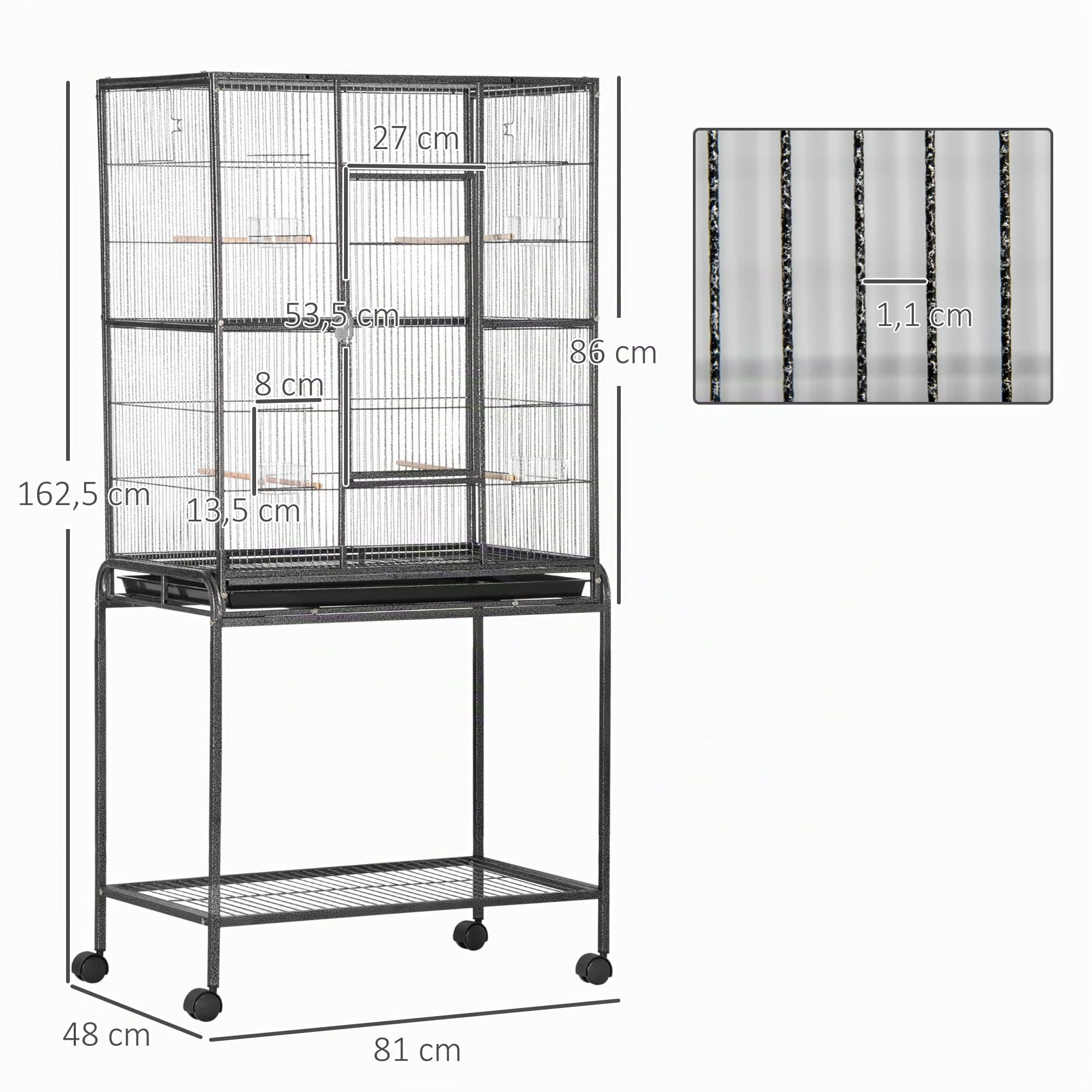 PawHut Gabbia per uccelli, portatile, gabbia per uccelli, con 4 mangiatoie e 4 posatoi pratici, 77 x 47 x 163 cm, colore: nero e grigio