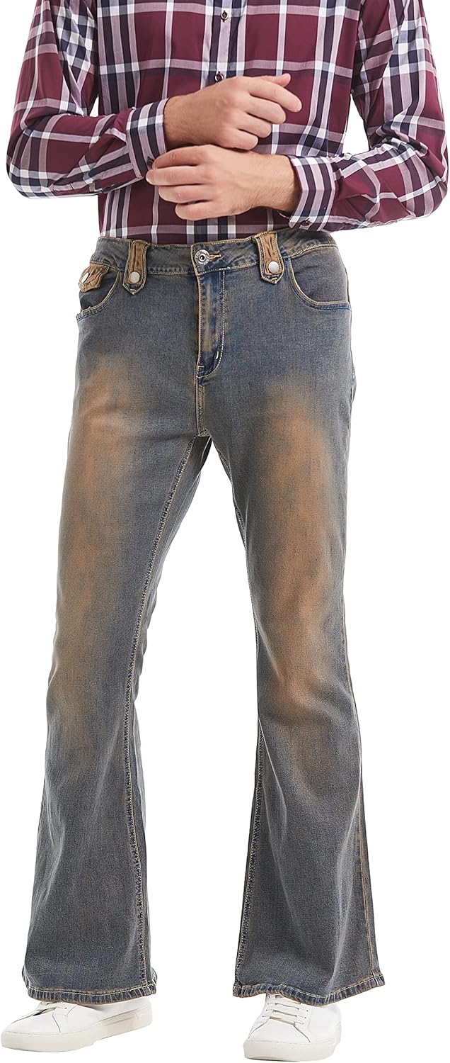 Wbestwind 70s Disco Pants for Men Relaxed Stretch 60s 70sBell Bottom Fit Comfort Flared Retro Leg Denim Vintage Jeans