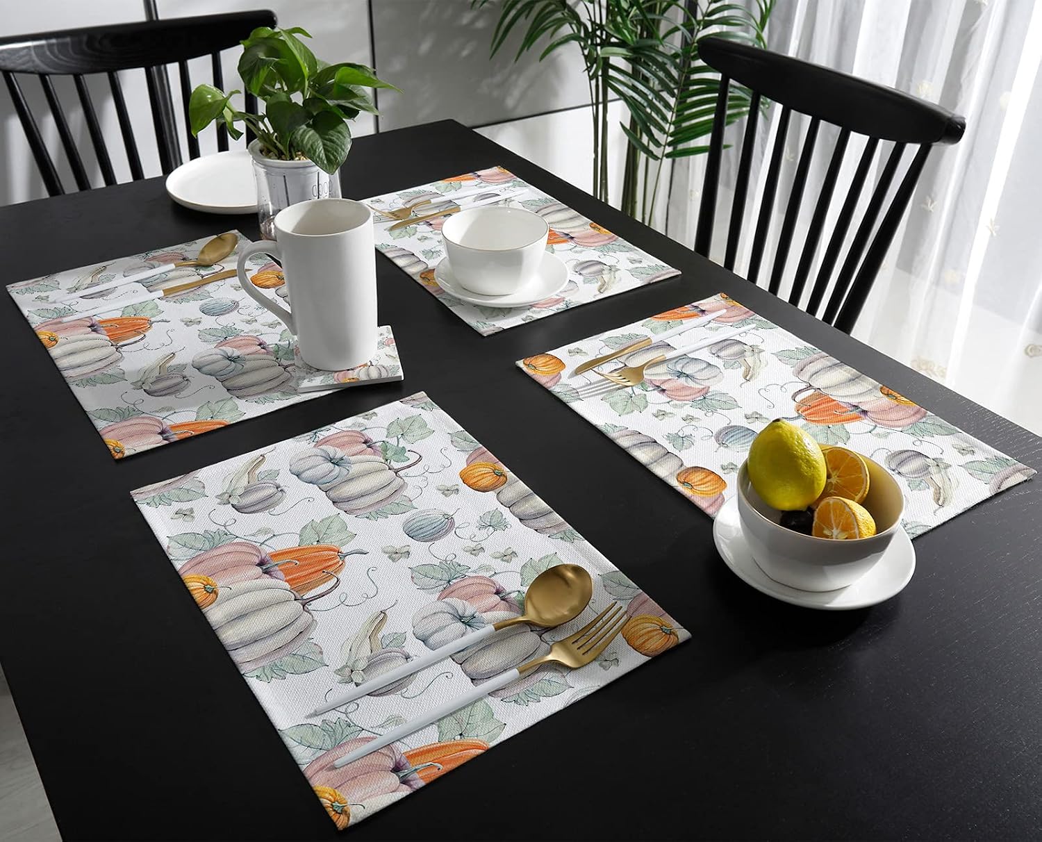 Thanksgiving Placemats, Pumpkins Placemats Set of 6 Watercolor Pumpkins Happy Thanksgiving Recipe Fall Placemats for Dining Table Non-Slip Washable Table Place Mats 13 x 19 Inch