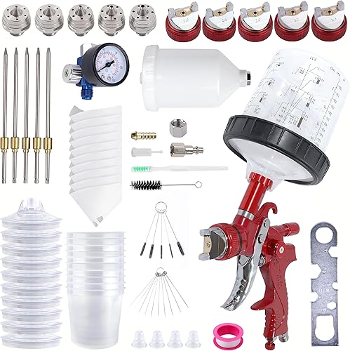 HVLP - Pistola pulverizadora con 5 boquillas de 1.41.72.02.50.118 in, pistola de pintura con 10 tazas y tapas desechables de 600 cc, kit de pistola