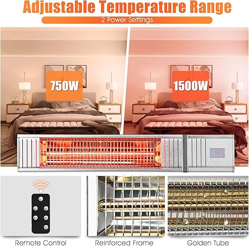 Miniatura 6 de COSTWAY Calentador de patio montado en la pared, calentador infrarrojo de 750 W1500 W con 9 niveles ajustables, temporizador de 24 horas, apagado