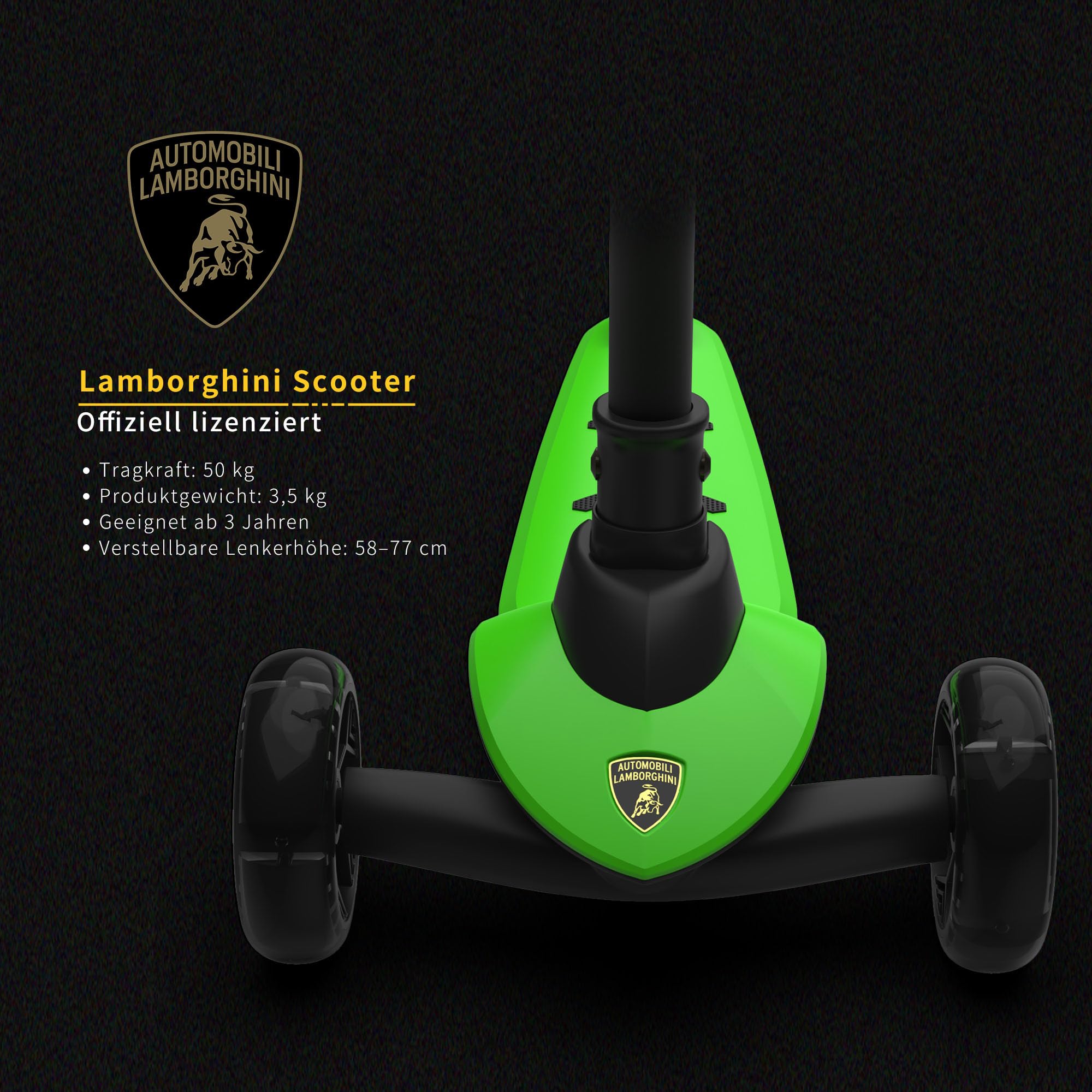 Lamborghini Kinder Roller Scooter ab 3 Jahren bis 50 kg - Tretroller mit 2 Lenkmodi, Leichter Aluminiumrahmen, PU-Leuchträdern, Hinterbremse, faltbar & höhenverstellbar