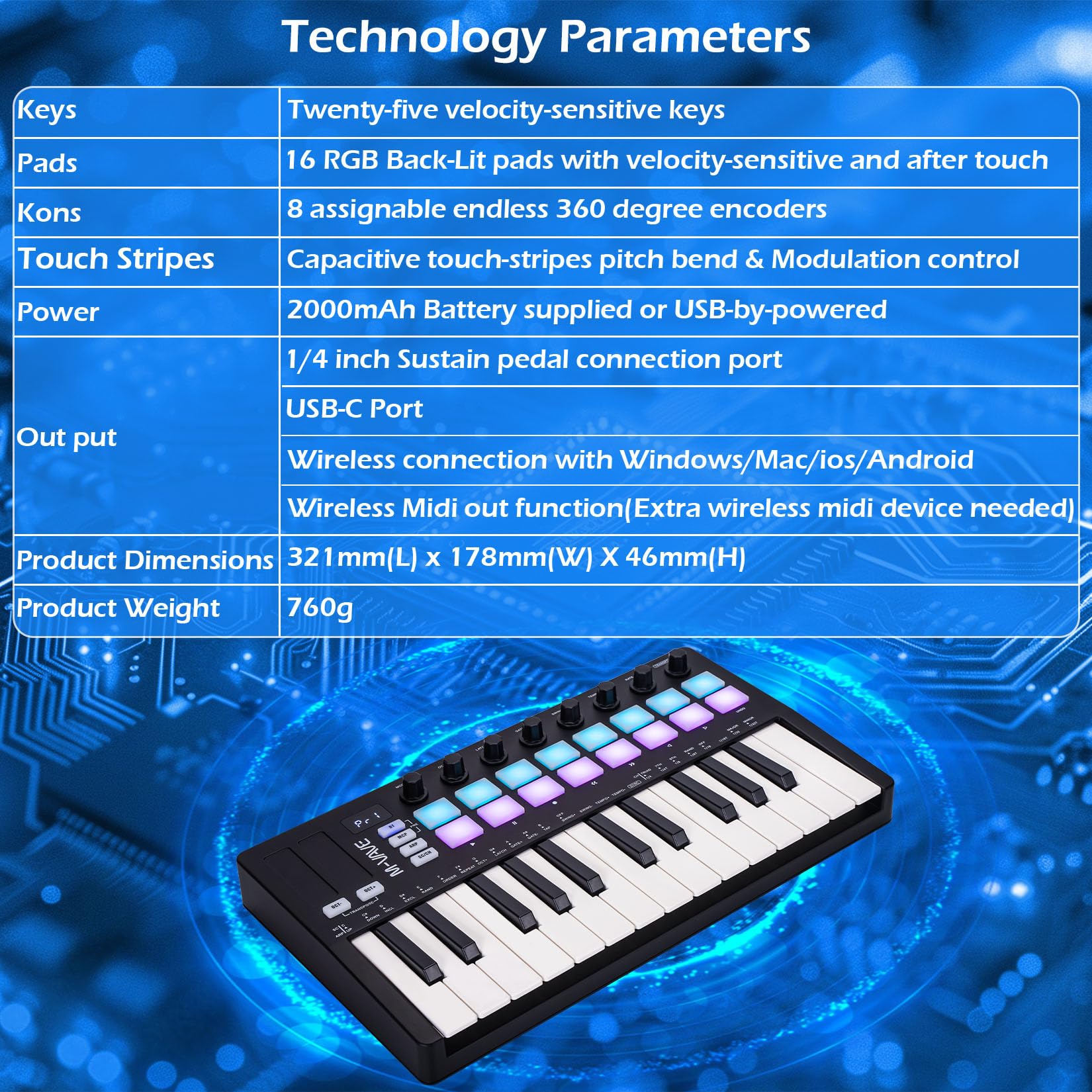 M-VAVE 25 touches 16 pads de batterie rétroéclairés Clavier MIDI - Beat maker professionnel et Keytar pour la production musicale au clavier Batterie intégrée Wireless Connect, MIDI 16 PADS, Noir