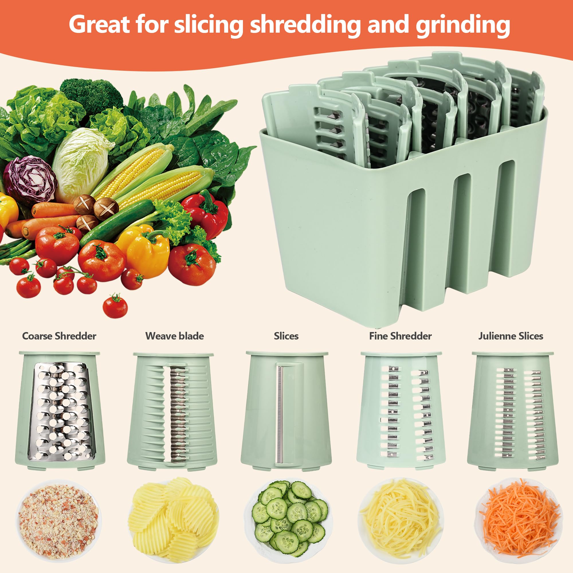 Cheese Grater With Hand Crank Countertop For Kitchen?Grater Shredder With Handle For Kitchen Rotating?Vegetable Slicer?Nuts Grinder Cheese Shredder with Clean Brush(5 Blades Matcha Color)