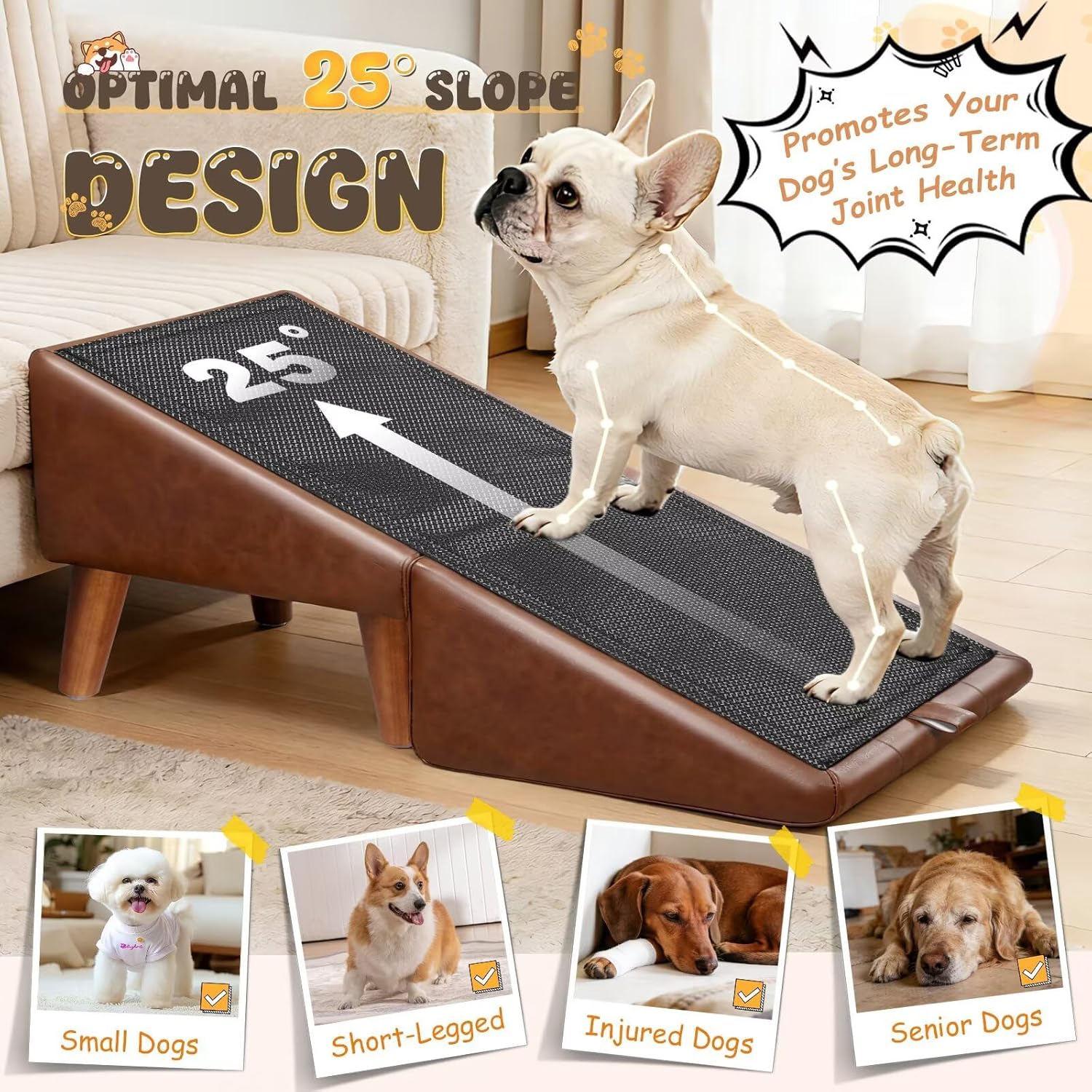 Dog Stairs for Small Dogs 16" H - Upgraded Non-Slip Dog Ramp for Couch, Foldable 2-in-1 Pet Ramp and Ottoman, Pet Stairs for Puppy, Pet Steps with Solid Wood Frame (Brown)