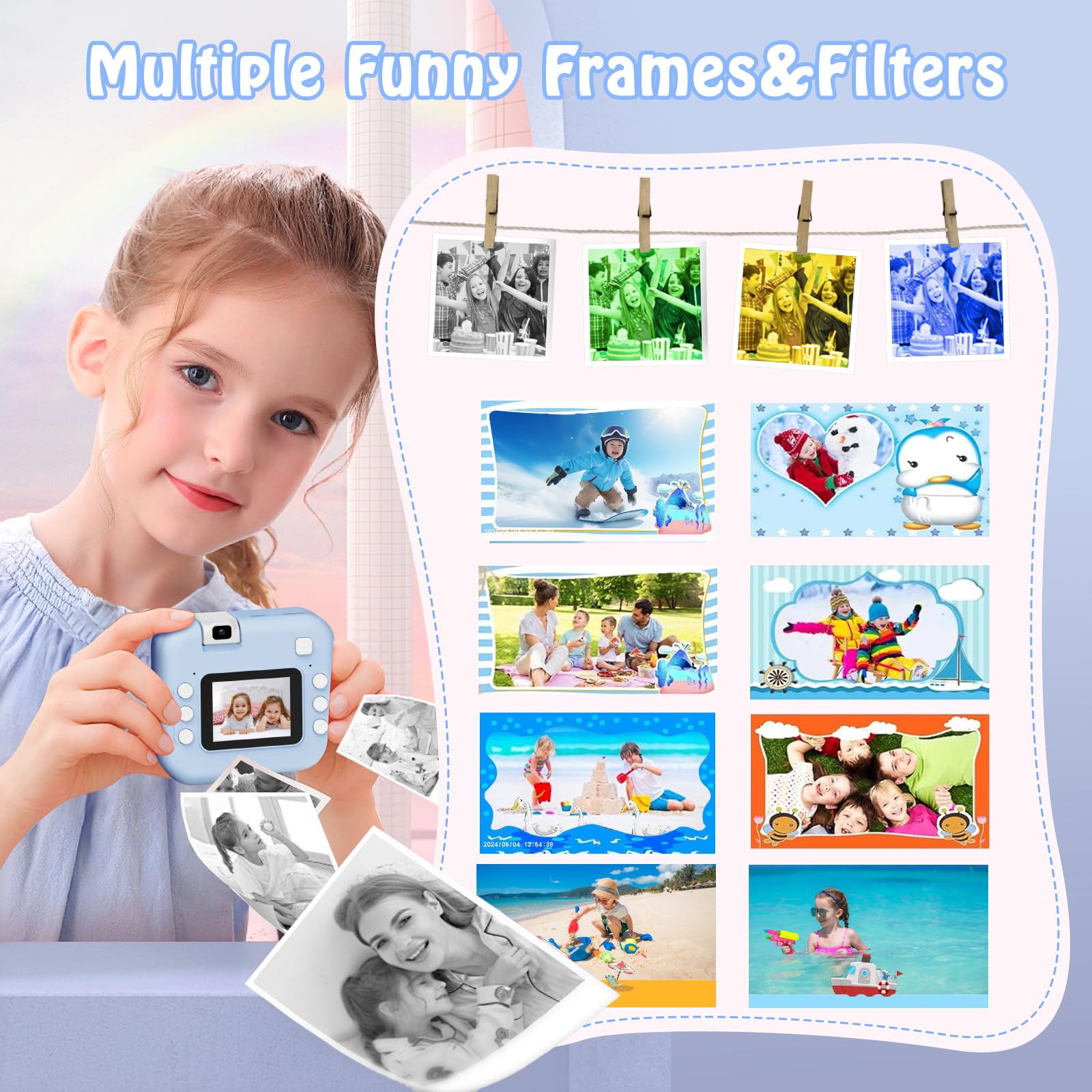 Cámara de Fotos Instantánea, Pantalla HD de 2.0 Pulgadas y 48 MP | 1080P cámara de Fotos Infantil, Tarjeta de 32 GB y 3 Rollos de Papel de Impresión, Ideal para Niños de 3 a 12 Años