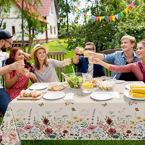 Miniatura 6 de 3 manteles florales de primavera, mantel desechable de plástico con mariposas y flores silvestres, manteles rectangulares para Pascua, cumpleaños,