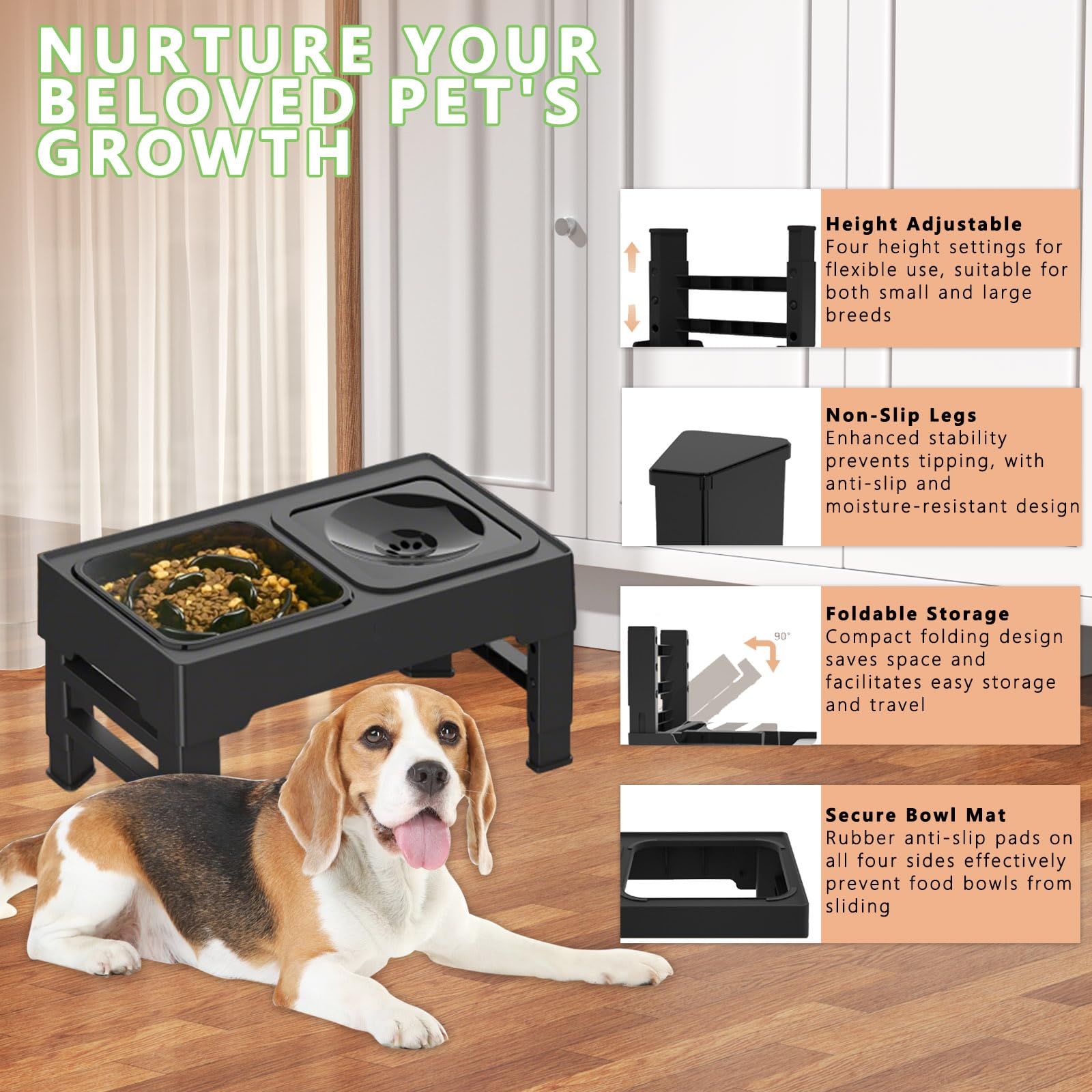 Cuenco Elevado para Perros con 4 Alturas Regulables, 1x1600ml Cuenco de Acero Inoxidable y Recipiente Anti Goteo, con 1x1600ml Recipiente Slow Feed para Perros Pequeños, Medianos y Grandes