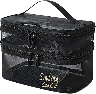 شنطة مكياج كبيرة مزدوجة الطبقات محمولة ومنظمة للمكياج ومستلزمات الزينة ومنتجات العناية بالبشرة بحجم مناسب للسفر مع جيوب داخلية متنوعة لتخزين منظم، قماش، متعدد الألوان