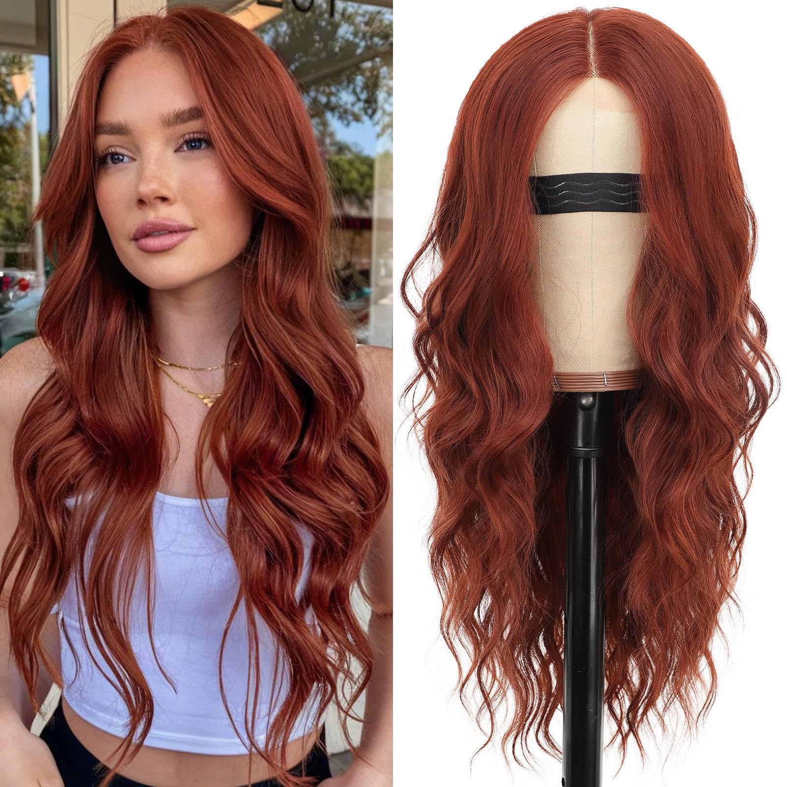 Nnzes Long Auburn Wavy Wig 4x1 Lace Natural Hairline Middle Part Curly Heat-Resistant Synthetic Fiber for Women & Beginners Daily Party Use 26In