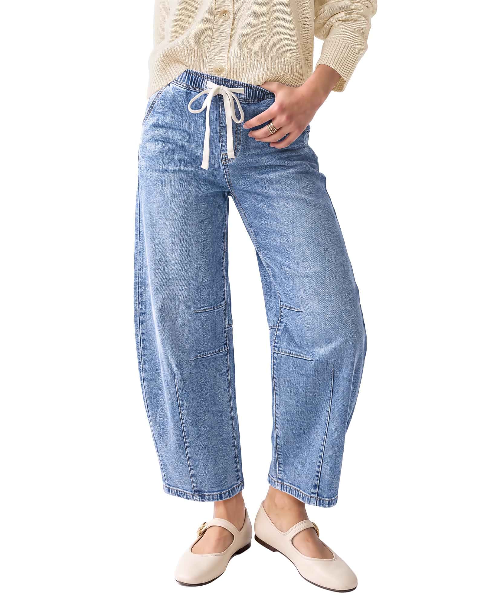 GRAPENT Barrel Jeans Women High Rise Pull On Elastic Waist Crop Denim Pants Barrel Leg, High Waist with Drawstring, Seam Front, Relaxed Fit, 27'' Inseam, Cropped Jeans, Casual Friday's at Work Outfits