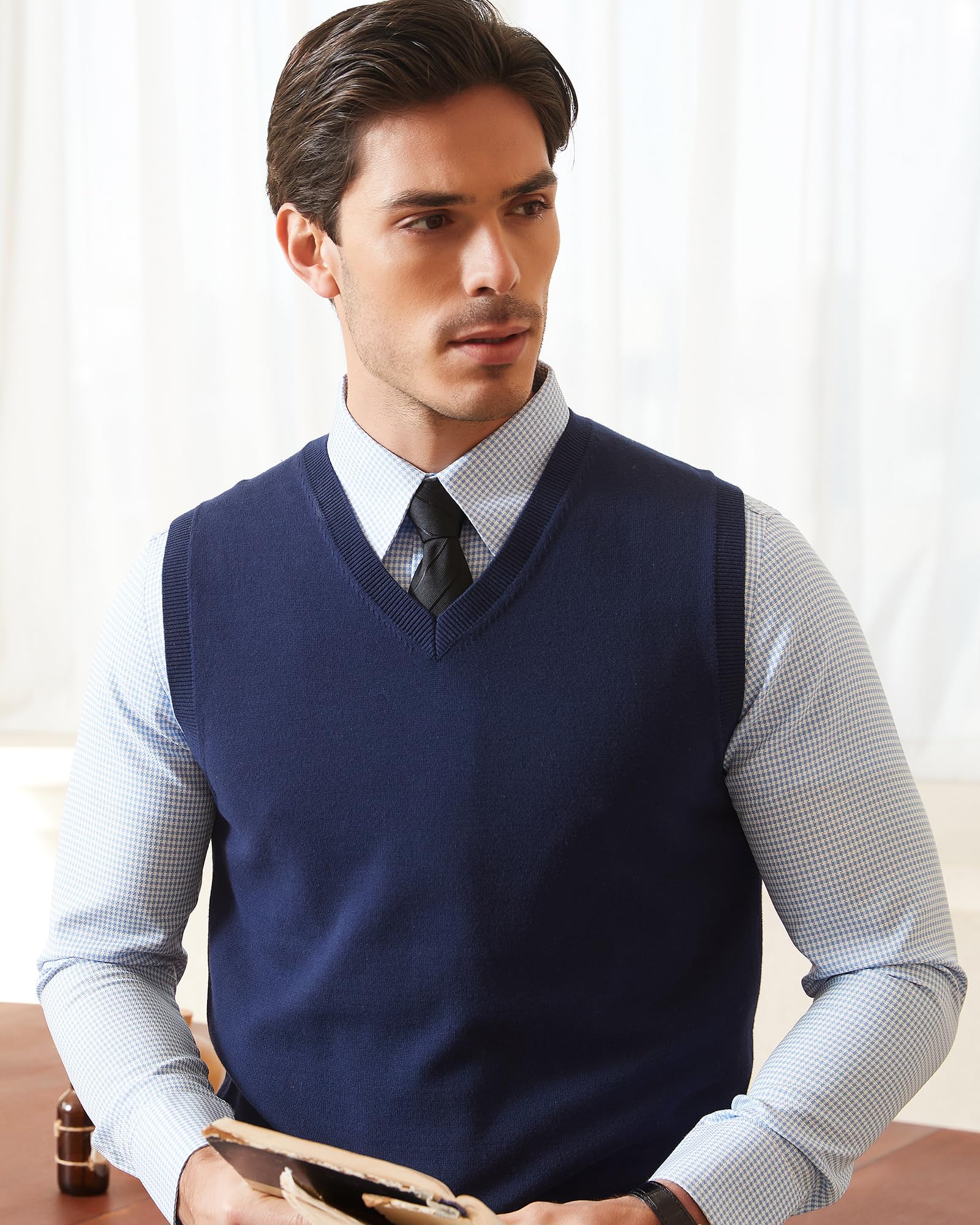 Kallspin Hombres de Algodón sin Mangas Jerseys Cuello en V de Punto Chalecos Suéter Chaleco Corte Relajado Pullover