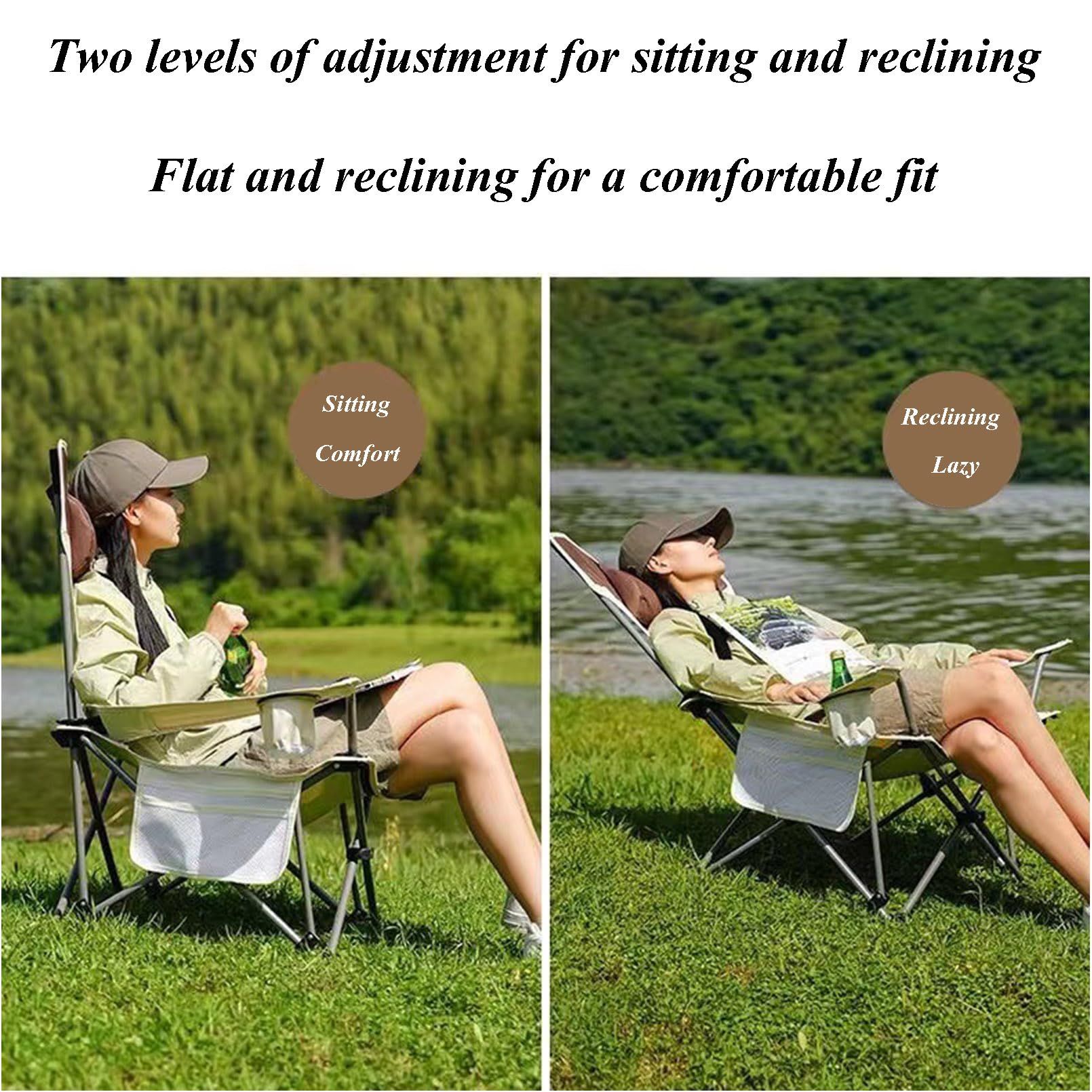 Sedia pieghevole da campeggio, confezione da 2, sedia da salotto leggera e portatile, con schienale alto e tasca laterale, per pesca, spiaggia, picnic, prato e sport