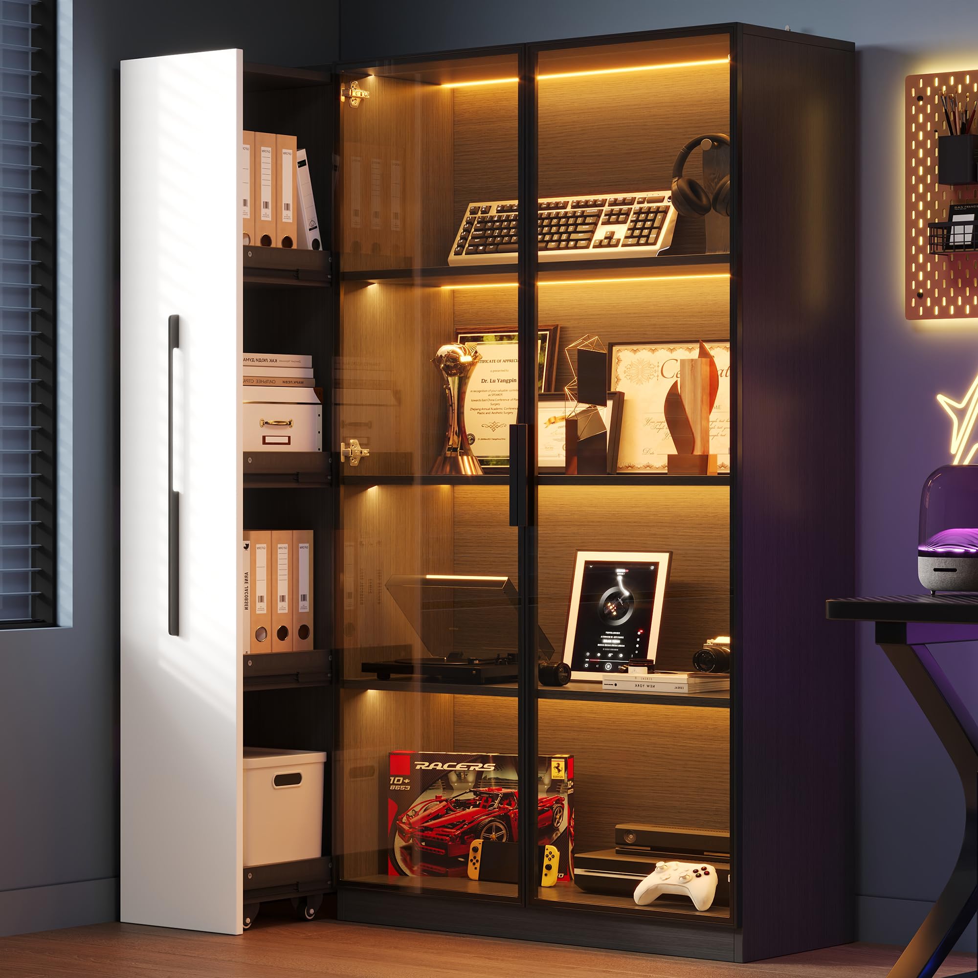 Merax Vitrine 110,5x35x160 cm, Multifunktionsschrank mit Glastür und LED-Beleuchtung, Seitenauszug auf Rollen, moderner Hochschrank in für Wohnzimmer, Esszimmer oder Büro, Schwarz & Weiß