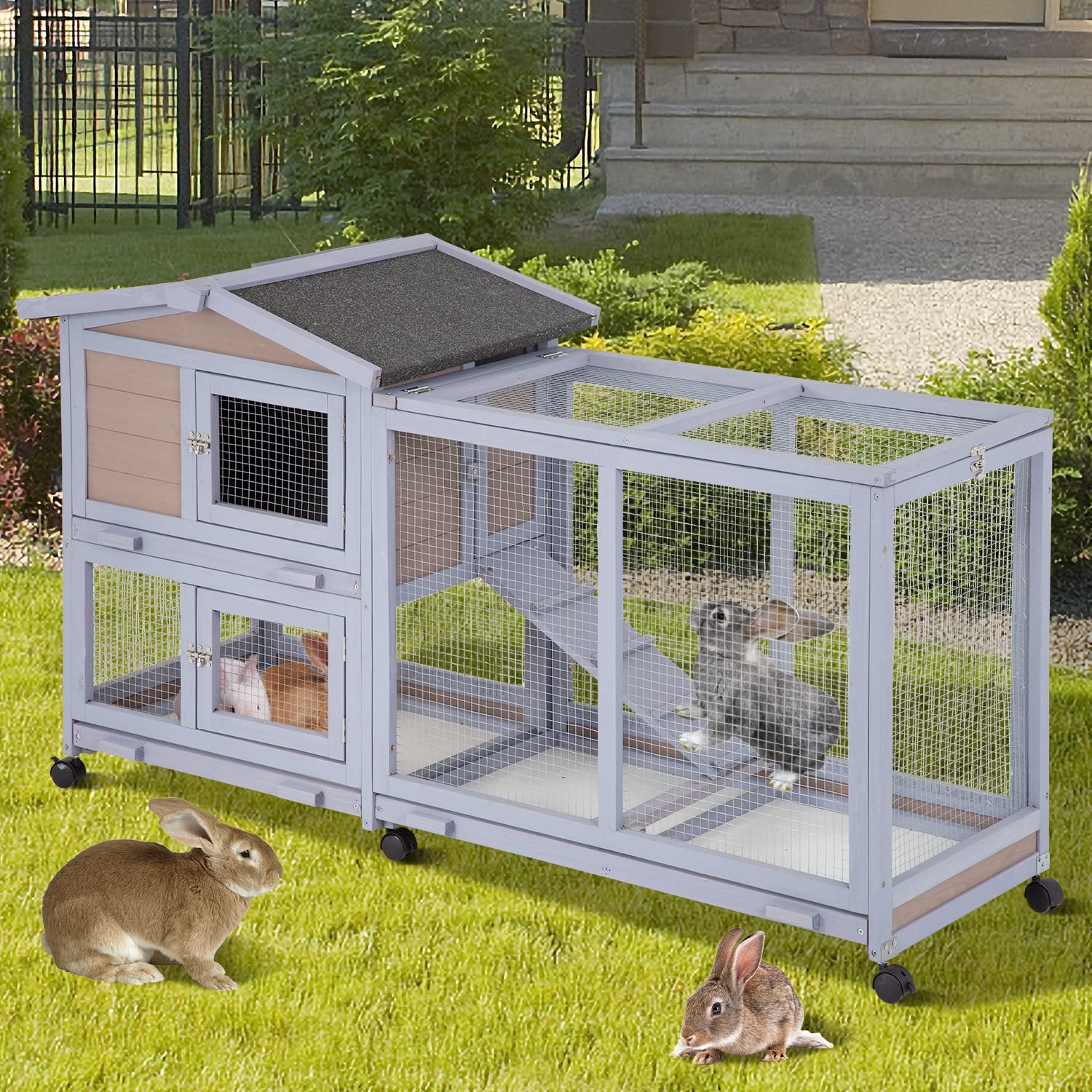 Buy Rabbit House 58" Rabbit Hutch Indoor & Outdoor Wooden Bunny Cage W/Wheels, Large Guinea Pig
