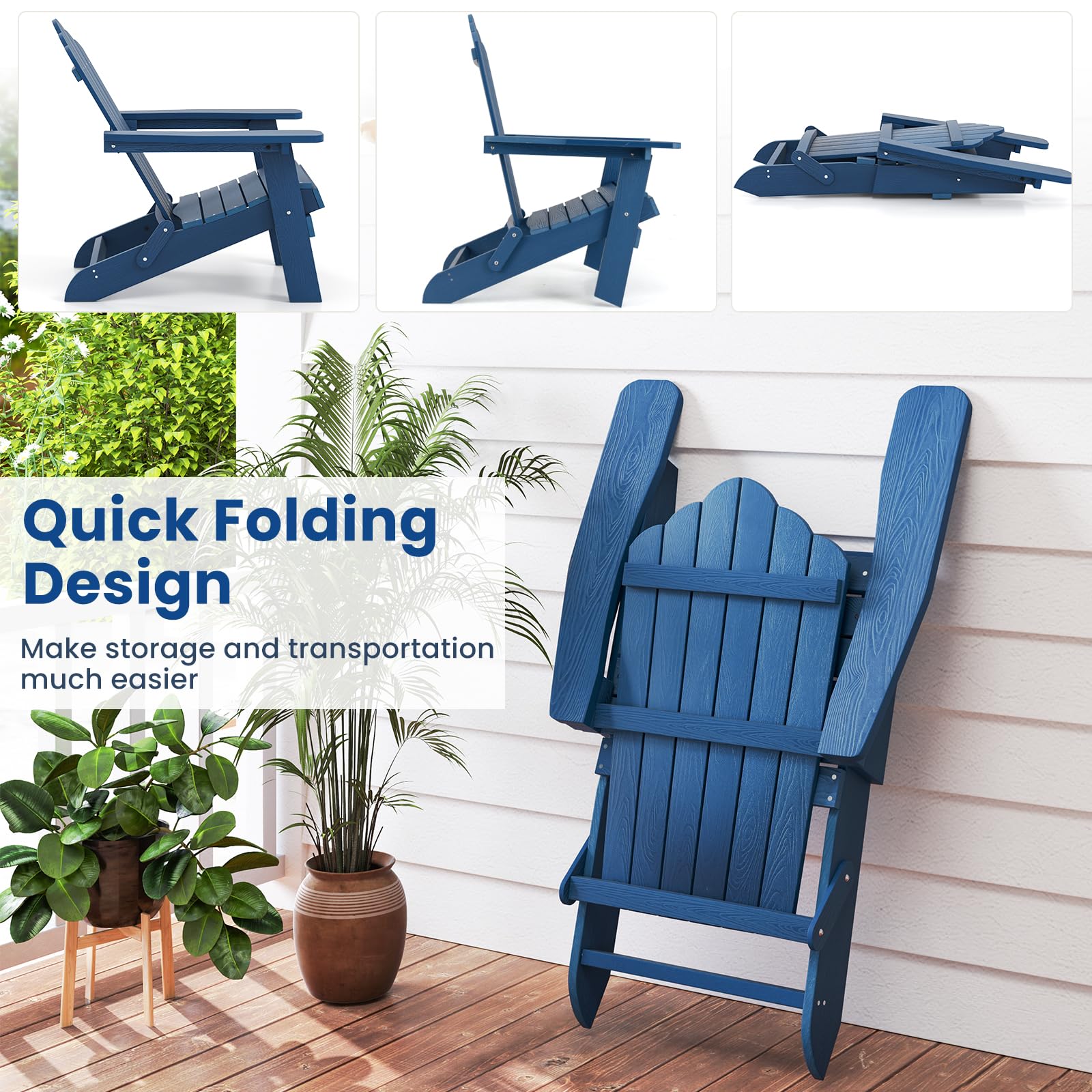 KOMFOTTEU Silla Adirondack Plegable, Silla de Jardín de Hips con Respaldo Inclinado y Reposabrazos Anchos, Sillón Ergonómica con Carga de 180 kg, Asiento de Exterior para Balcón, Terraza (Azul)