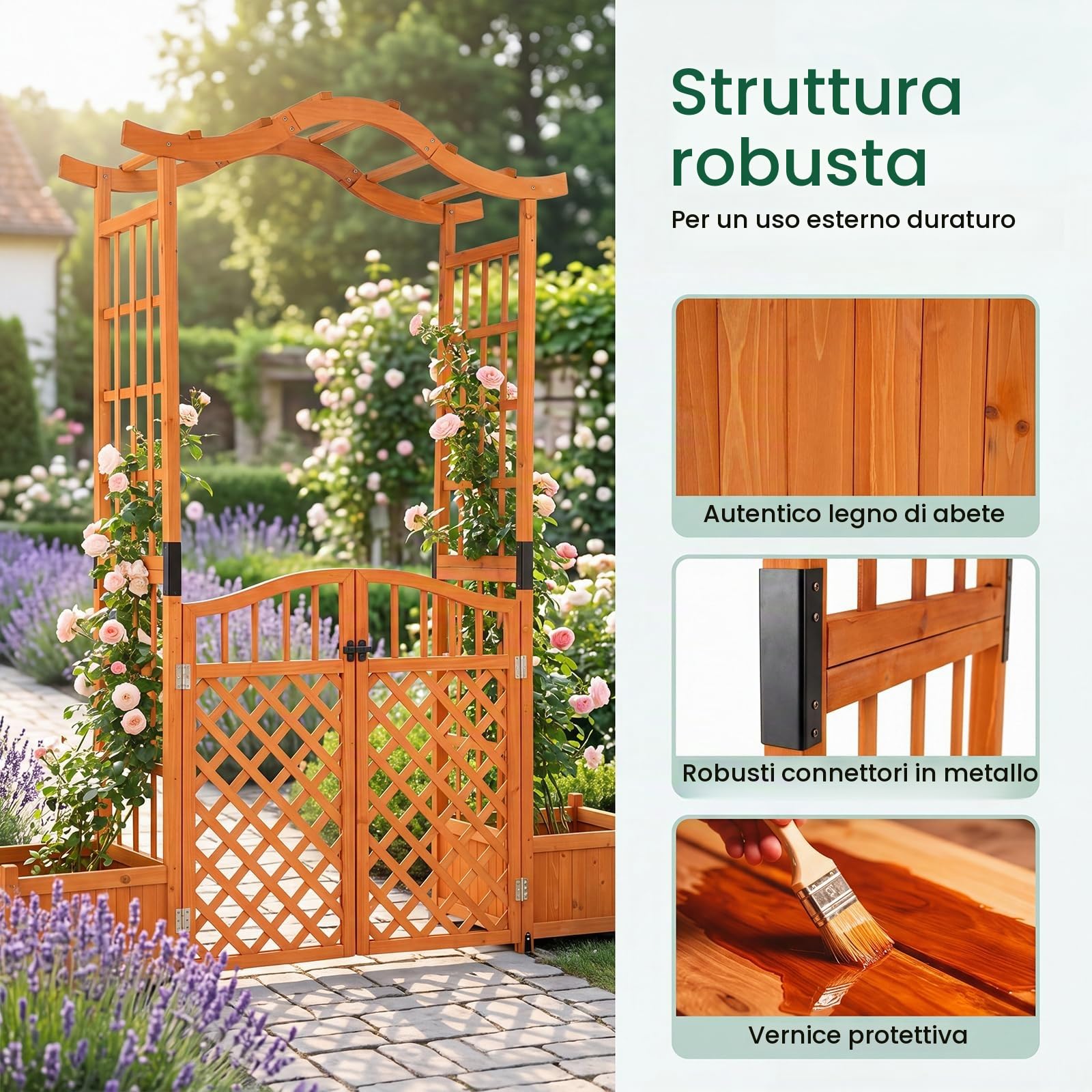HOMASIS Arco da Giardino con Fioriera, Pergolato per Piante Rampicanti in Legno di Abete, Arco da Esterno con Cancello Chiudibile, Fori di Drenaggio e Pannello Rimovibile, 185 x 46 x 210 cm