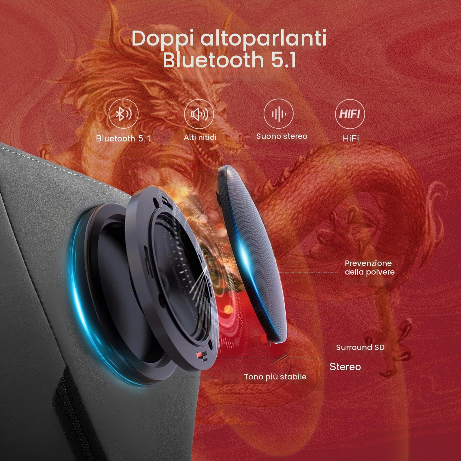 GTPLAYER Sedia Gaming Ergonomica Poltrone con Altoparlanti Bluetooth e Poggiapiedi Sedia Gamer Reclinabile Serie Dragon Sedia Ufficio con Poggiatesta e Cuscino Lombare per Lavoro e Gioco Grigio