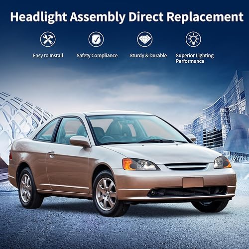 Miniatura 5 de AUTOSAVER88 Conjunto de faros delanteros compatible con Civic 2001 2002 2003 sedán de 4 puertas, carcasa cromada, reflector ámbar, lente transparente