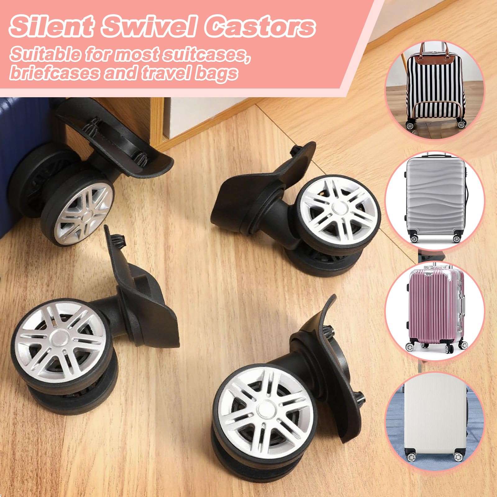 2 Paia Ruote Trolley Ricambio Rigide,Rotelle Scorta Valigie Universali,Ruota Valigia Girevoli Mute Doppia Fila,Rulli Bagagli Resistenti Rotazione 360°,Kit Sostituzione Riparazione per Custodia Viaggio