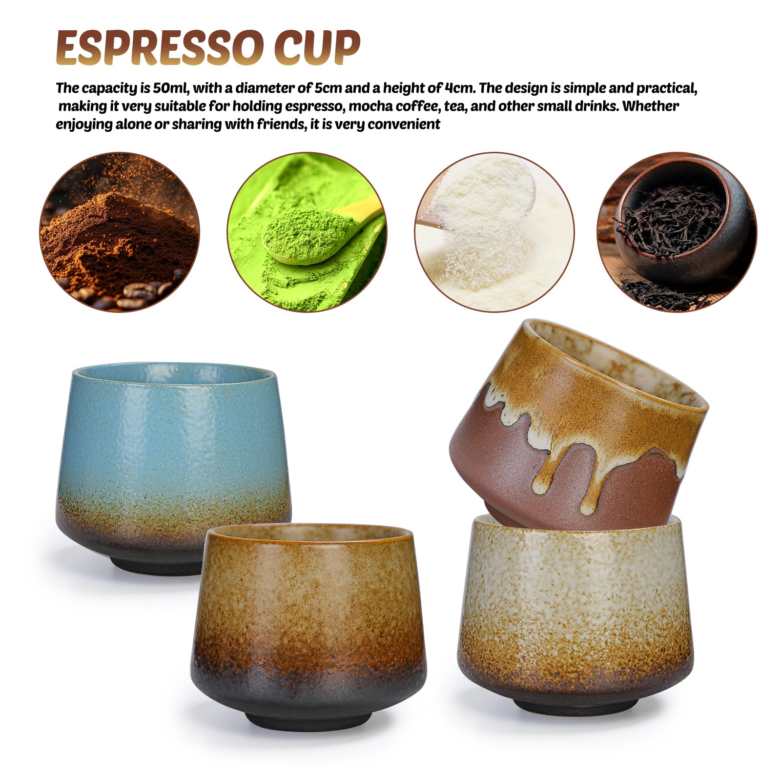 Set di 4 tazze da caffè da espresso, 200 ml, in porcellana, realizzate a mano, piccole tazzine da caffè, tazze da espresso, a parete spessa, per espresso, moka, macchiato, tè
