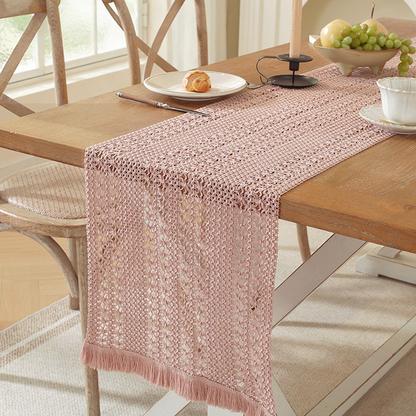 Tischläufer Polyester Landhausstil, Tischläufer Wohnzimmer 36x350 cm, Uni Rosa Gewebt mit Quasten