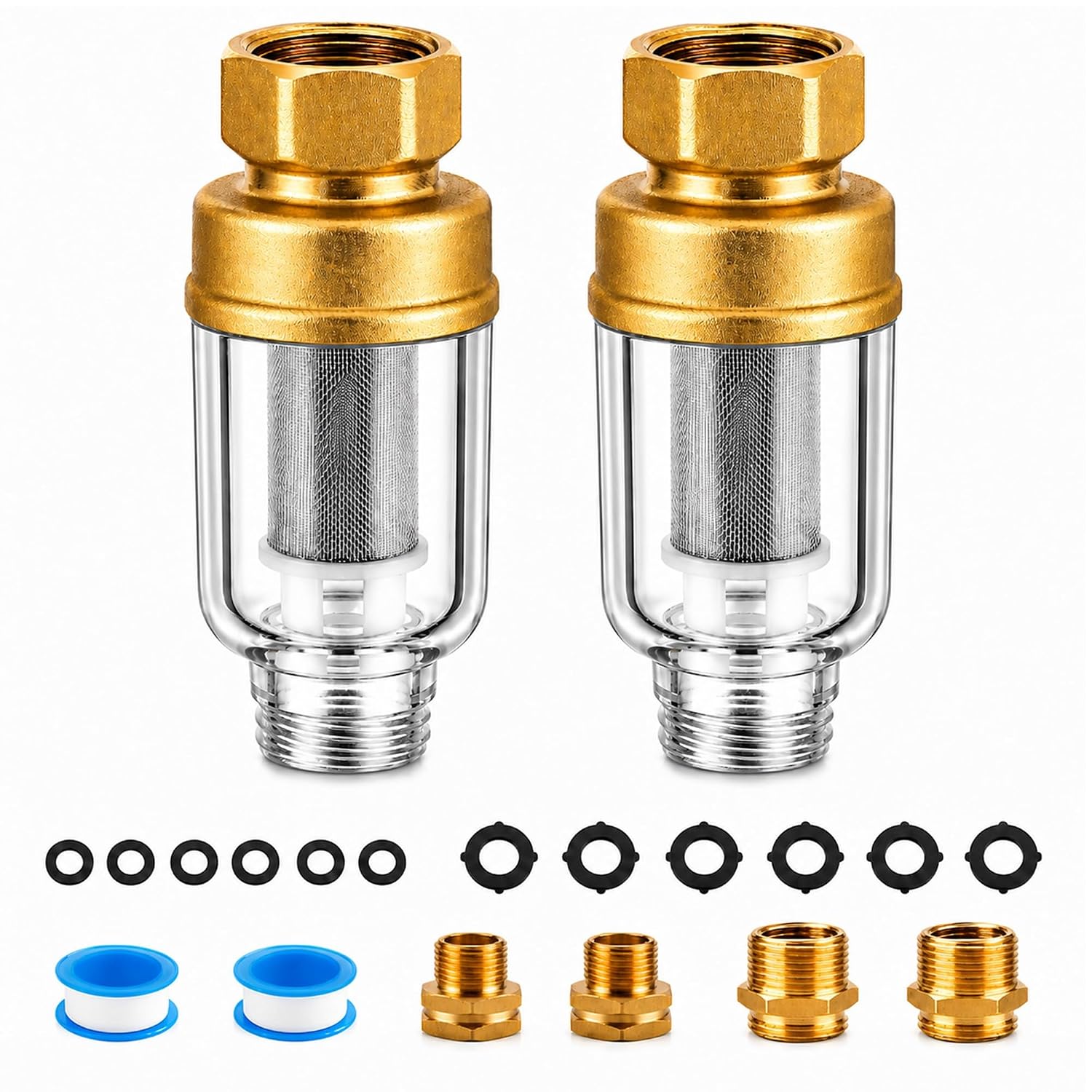 Washing Machine Water Filter 2 Pack, Reusable Sediment Filter Rust, Sand | Inline Water Pre-Filter, 50 Micron Stainless Steel Screen Filter, with 3/4'' Brass Standard Interface for All Washers