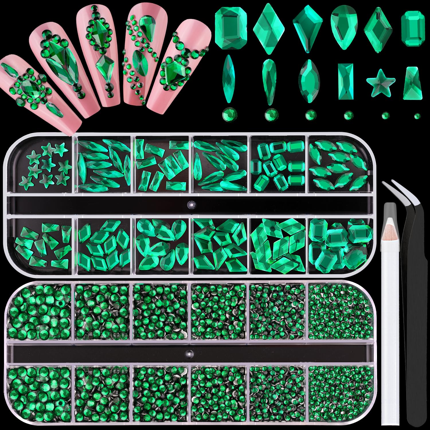 3220Pcs Emerald Green Glass Nail Rhinestones 120Pcs Multi Shapes Flatback Gems Crystal + 3100Pcs 1.5-4mm Round Beads, Manicure Diomand Jewelry