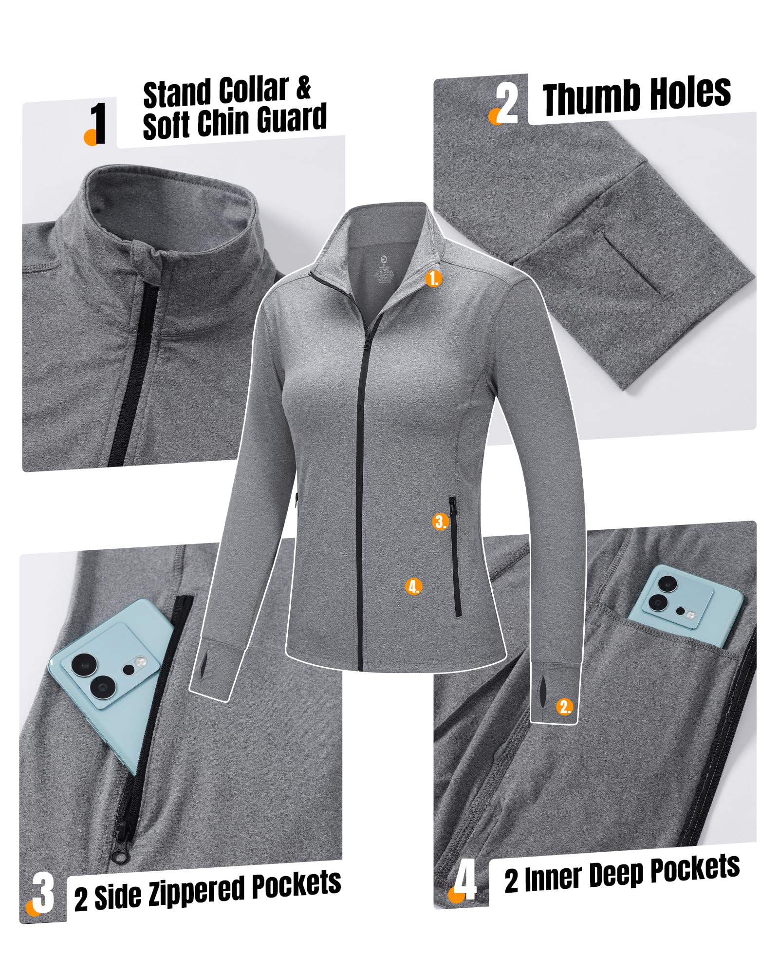 Outdoor Ventures Damen Laufjacke Stehkragen Sportjacke Langarm Trainingsjacke Leicht Atmungsaktive Trainingsanzug Sweatjacke Ohne Kapuze mit Daumenloch und Tasche Für Laufen Yoga Fitness