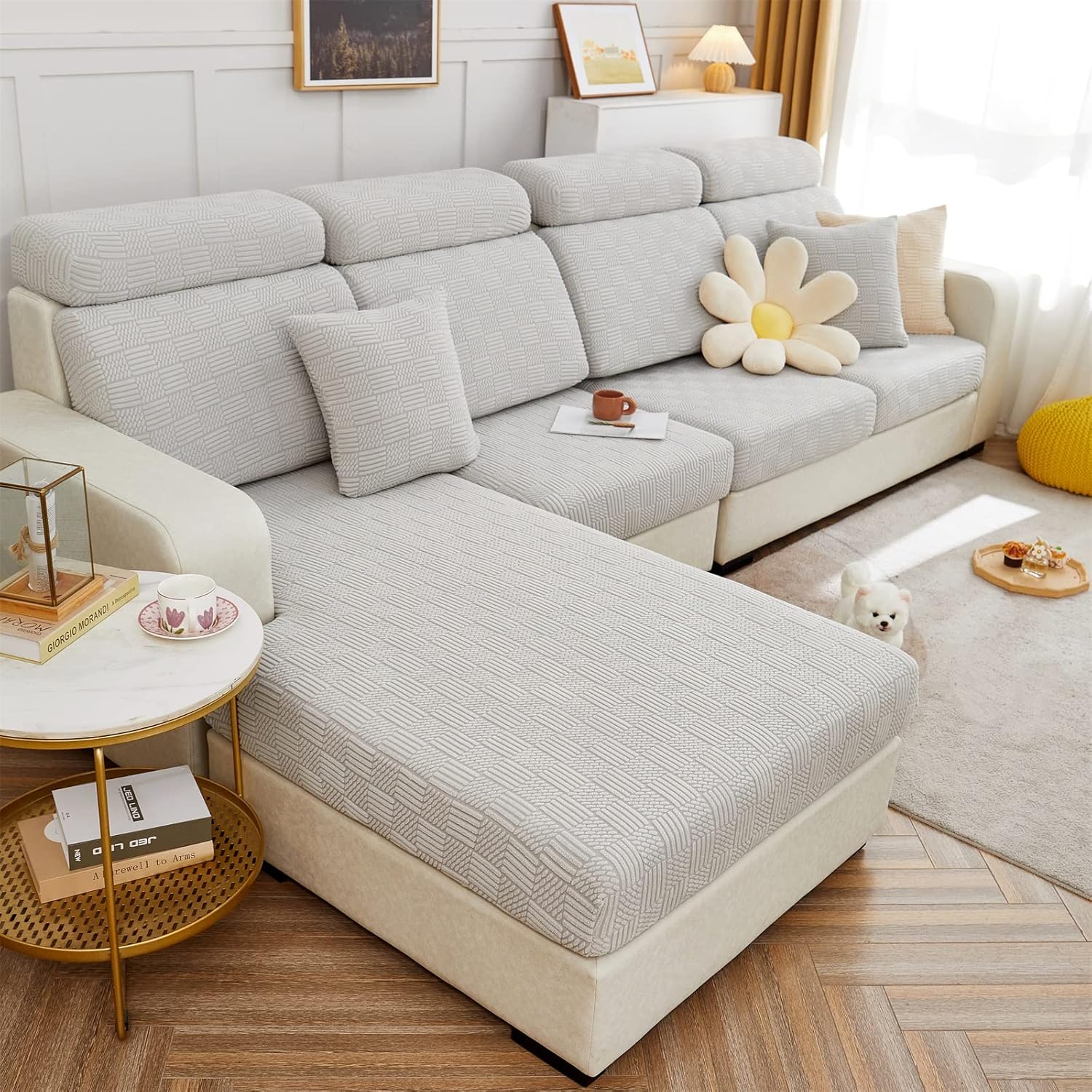 ele ELEOPTION Couch Cushion Covers Slipcover Elastic Chair Loveseat Sofa Furniture Protector Cover for Living Room (Length 39-53inch Width 25-37inch,Large Double Seat Cover) Grey White