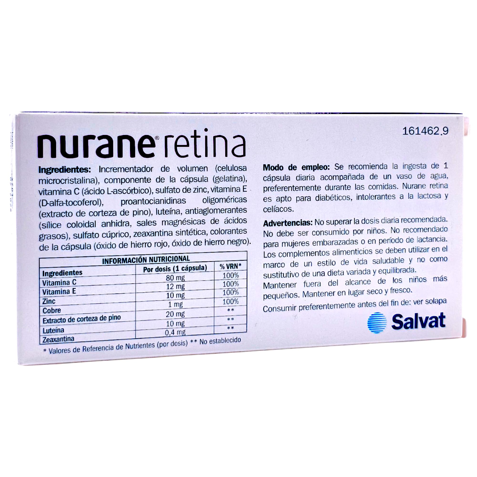 Nurane Retina 30 cápsulas - Complemento alimenticio - Con vitaminas C y E, zinc y cobre - Con luteína, zeaxantina y extracto de corteza de pino