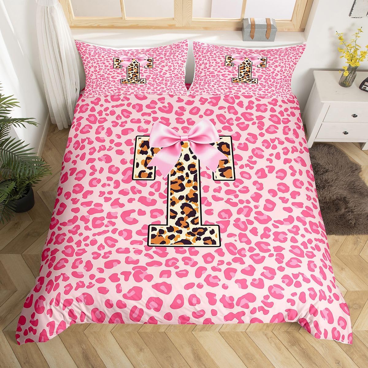 Erosebridal Personalized Letter P Duvet Cover Toddler for Kids Boys Girls,Leopard Mongrammed Comforter Cover,Pink Ribbon Bow Bedding Set,Wild Animal Print Bed Set with 1 Pillowcase Bedroom Decor
