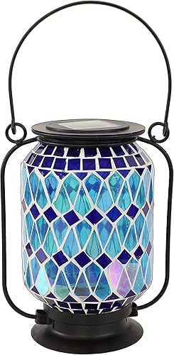 Sunnydaze Farol LED solar de vidrio mosaico de 8.5 pulgadas, diseño azul, verde y morado, luz de mesacamino