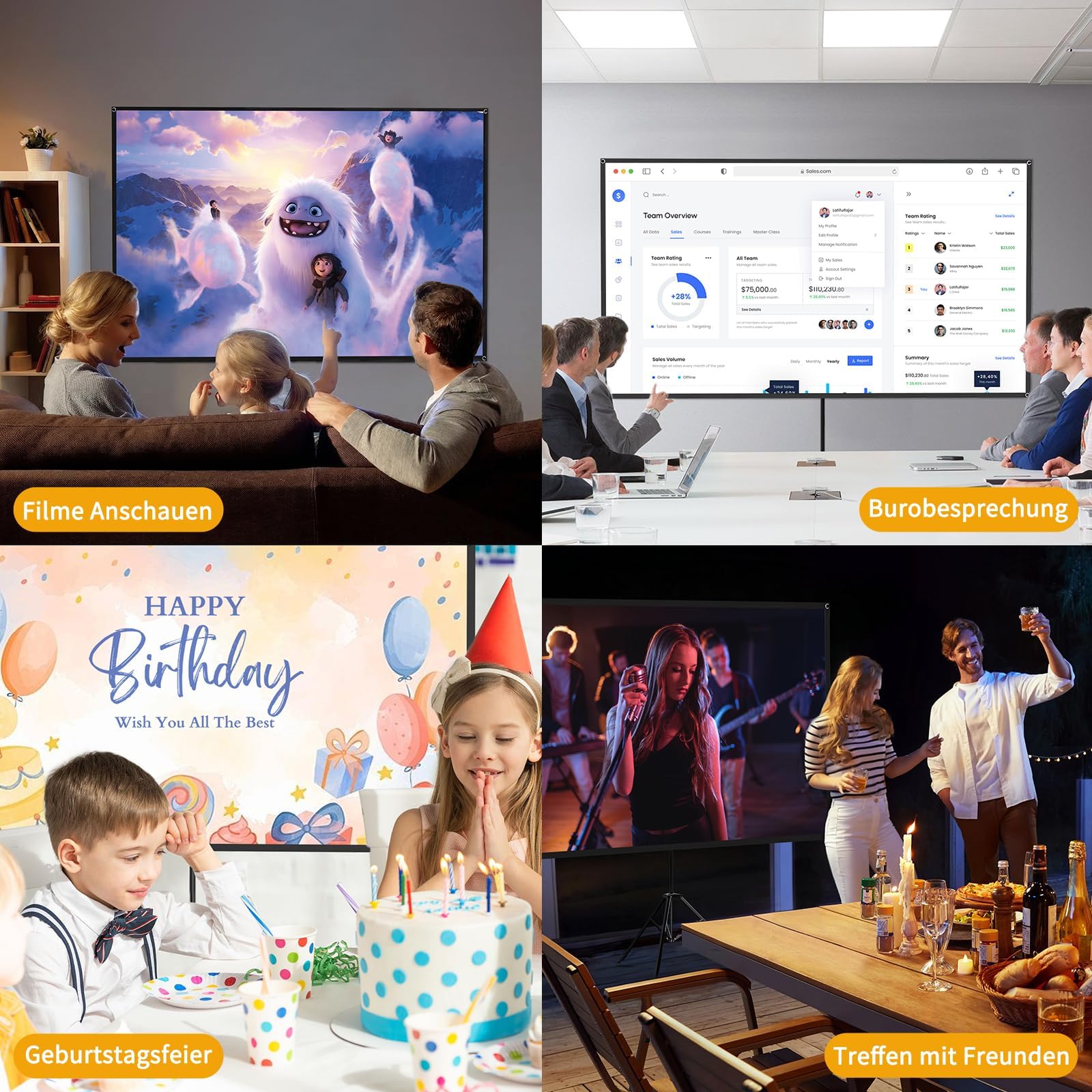 WASJOYE 100 Zoll Beamer Leinwand mit Stativ,16:9 4K HD Beamer Leinwand Outdoor,Windresistentes Design für Projektionsleinwand,inkl.Heringen Seilen,für Home Party, und innen/außen Filme,222 * 125cm