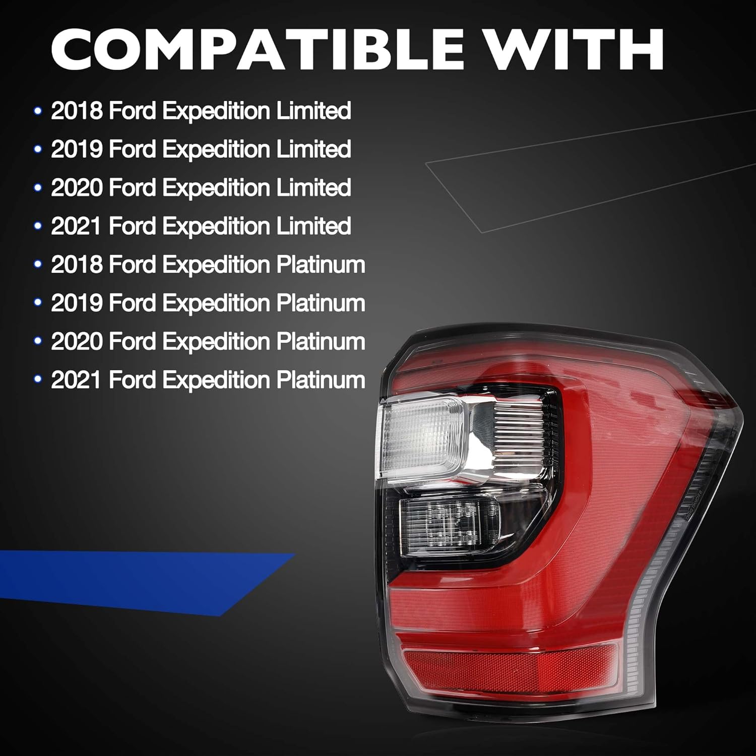 LED Tail Light Assembly Compatible with 2018-2022 Ford Expedition Limited/Platinum Right Passenger Side Rear Tail Light Rear Lamp with Brake, Running, Turn Signal & Reverse Lights JL1Z-13404-H