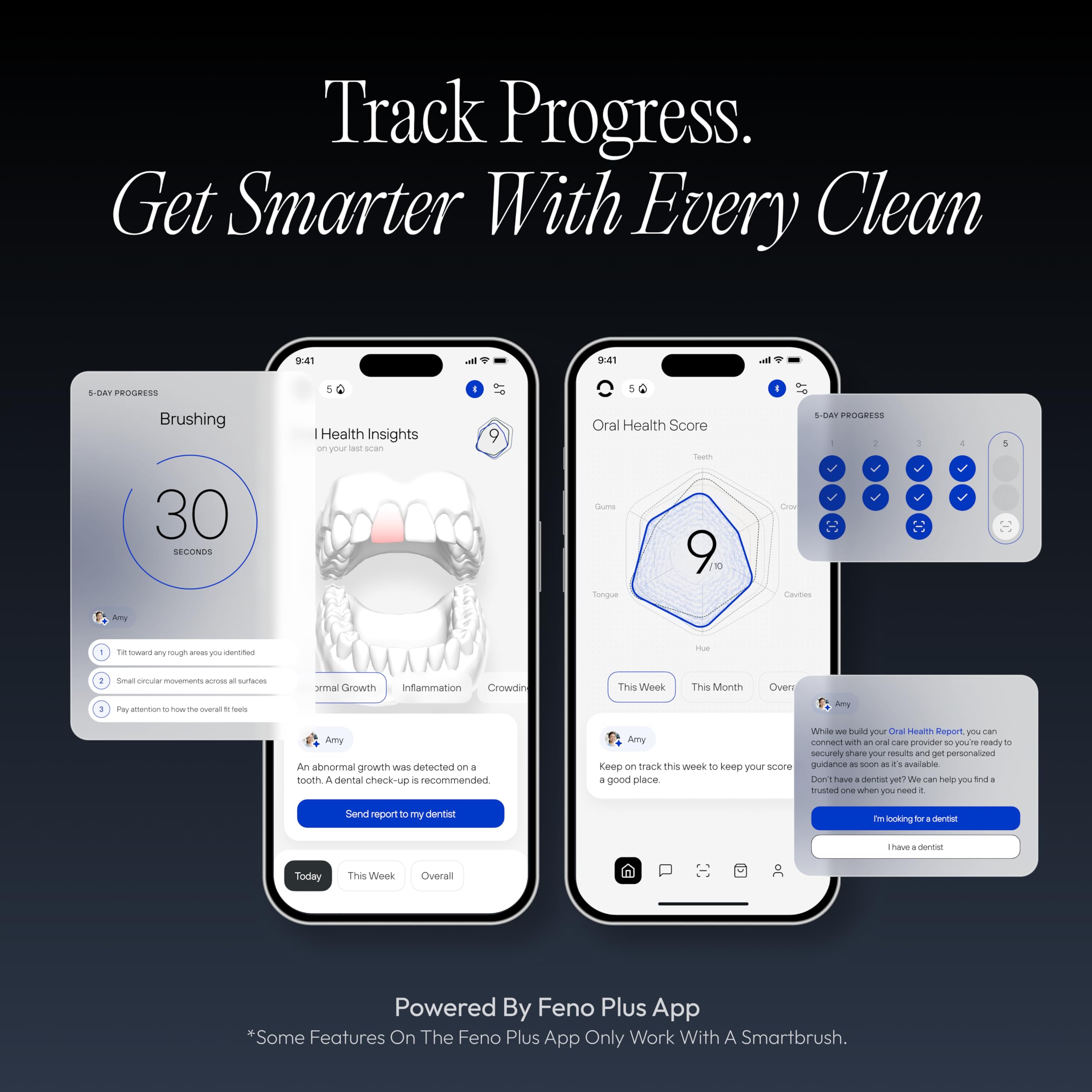 Feno Smartbrush Elite Oral Health - Spazzolino elettrico alimentato dall'intelligenza artificiale con bocchino personalizzato, dentifricio in schiuma (3 tubi), raschietto per lingua, test del