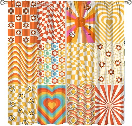 Miniatura 9 de Cortinas florales retro de los años 70 con patrón de margaritas naranjas de mediados de siglo, con bolsillo para barra, cortina para sala de estar y
