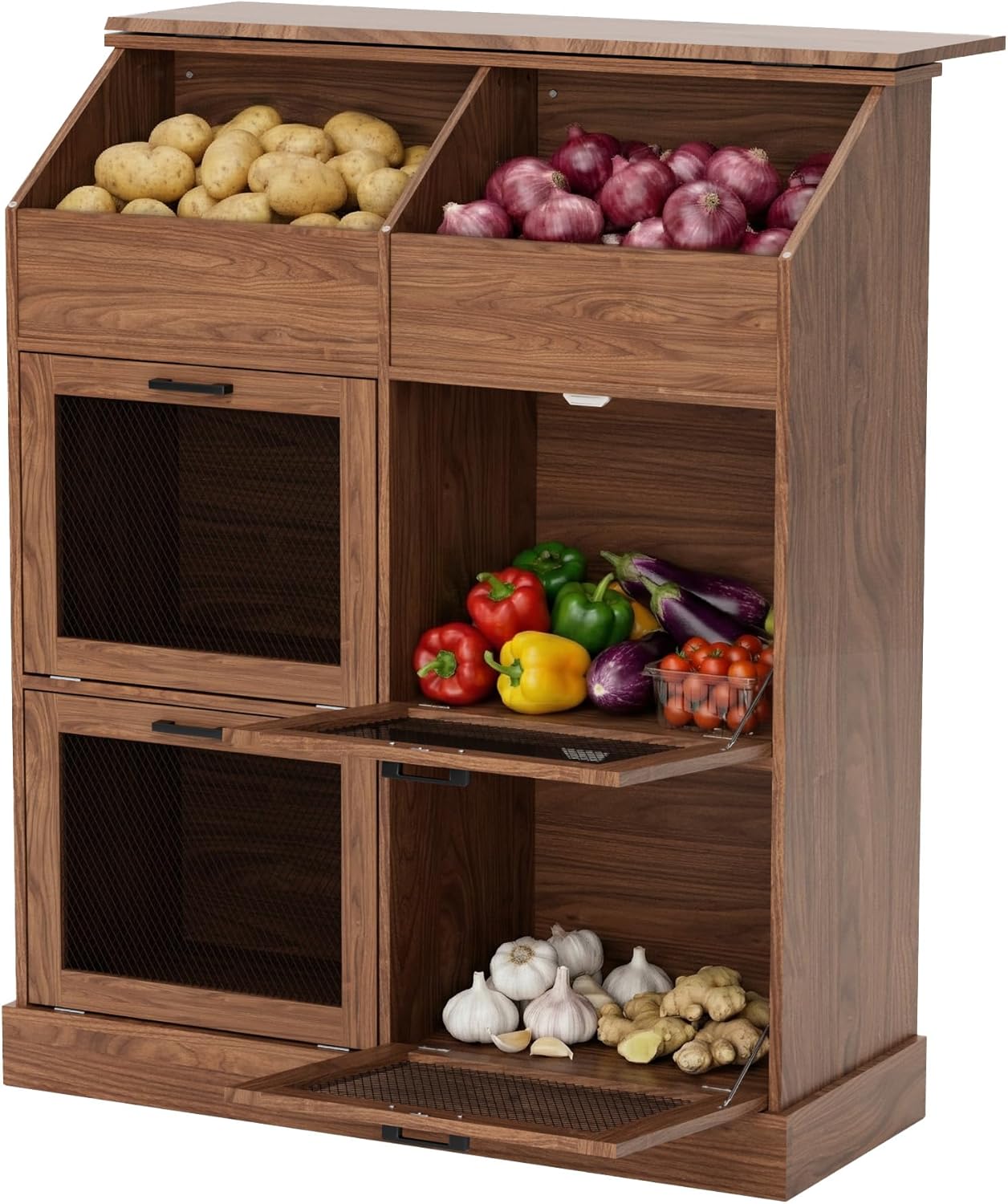 SUNBURY 47" Tall Farmhouse Kitchen Pantry Cabinet, Freestanding Wooden Vegetable Storage Hutch with Breathable Mesh Doors, 6-Compartment Floor Cabinet for Potato, Onion, Rustic Brown