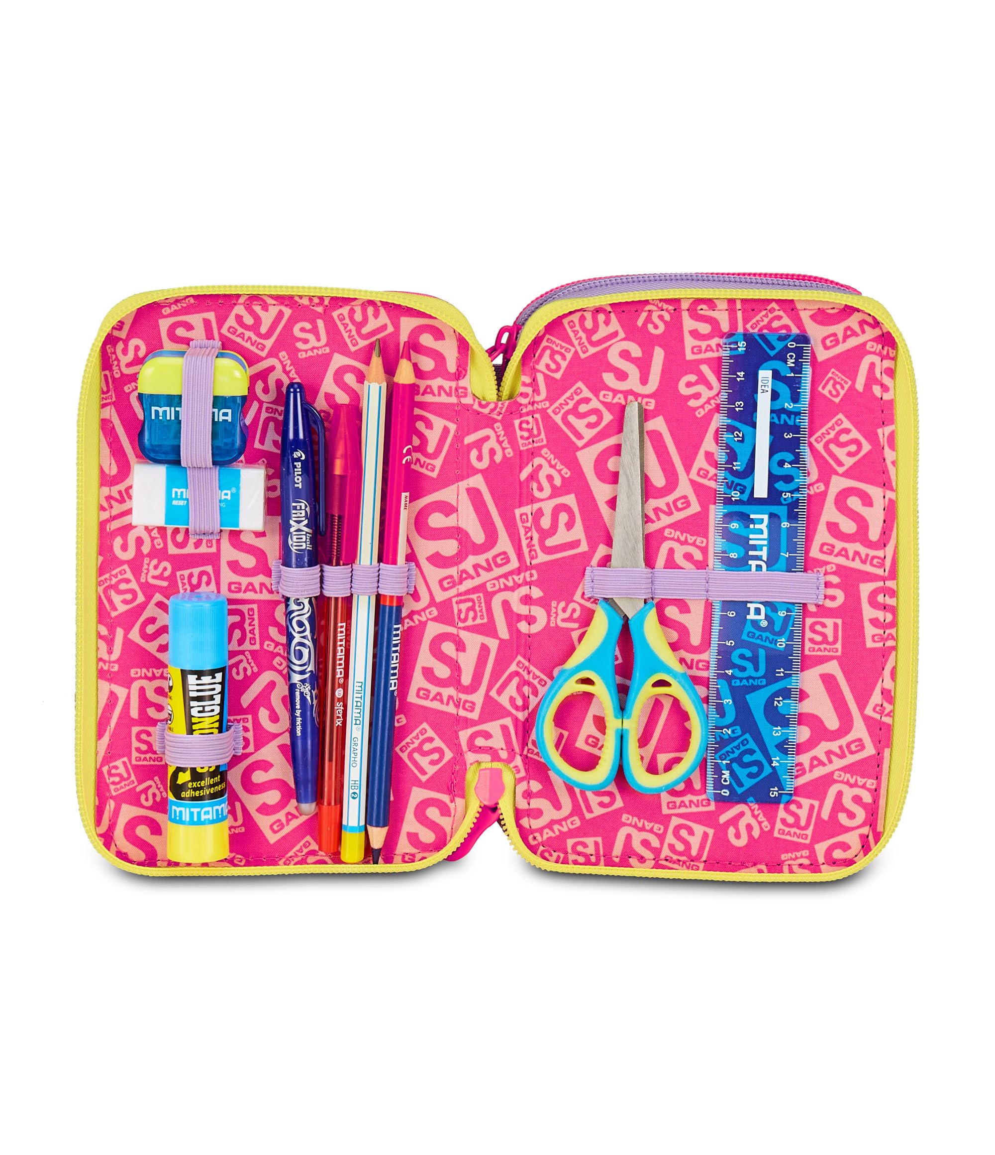 SJ GANG STYLE JAM GANG Astuccio Scuola 3 Zip Fable Journey, Rosa, Portapenne Triplo Scomparto Completo Di Penne, Matite, Colori, Accessori Zaino, Scuola Elementare, Bambina