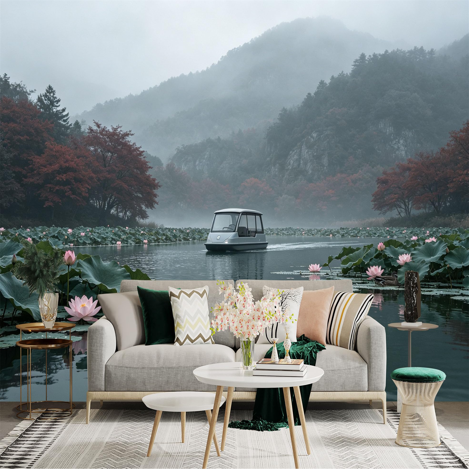 Custom Size Wall Sticker Mural， Misty Lake with Pink Lotus Flowers， Modern Cabin Boat， Serene Mountain Landscape， for wall Decoration， peelandstick wall Decals.