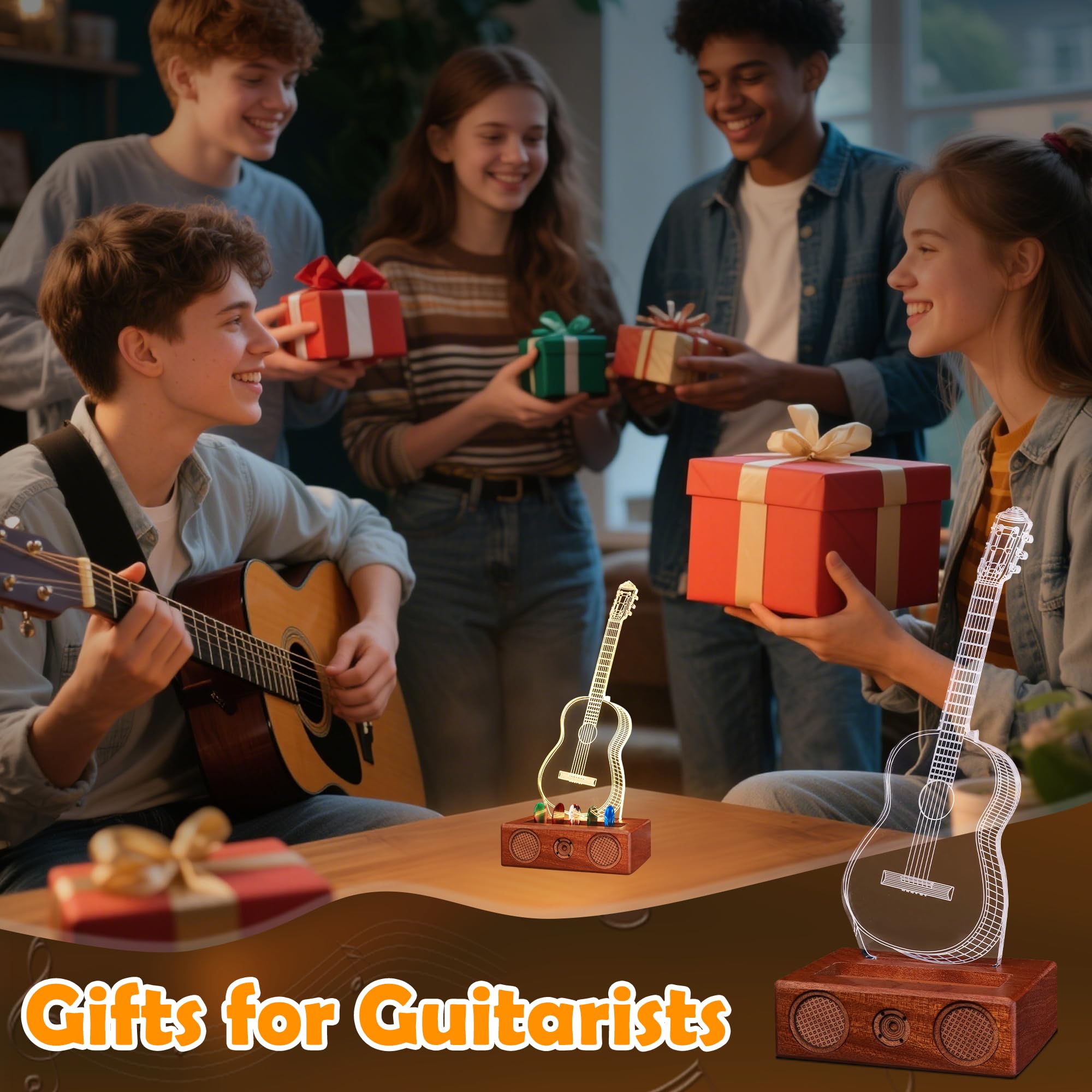 CoolGift Mart Leuchtender Gitarren-Pick-Halter, Acryl Akustikgitarre Pick Holder mit Vintage Audio Modellierung hölzerne Basis für Picks Lagerung und Anzeige, Geschenk für Gitarristen Gitarristen