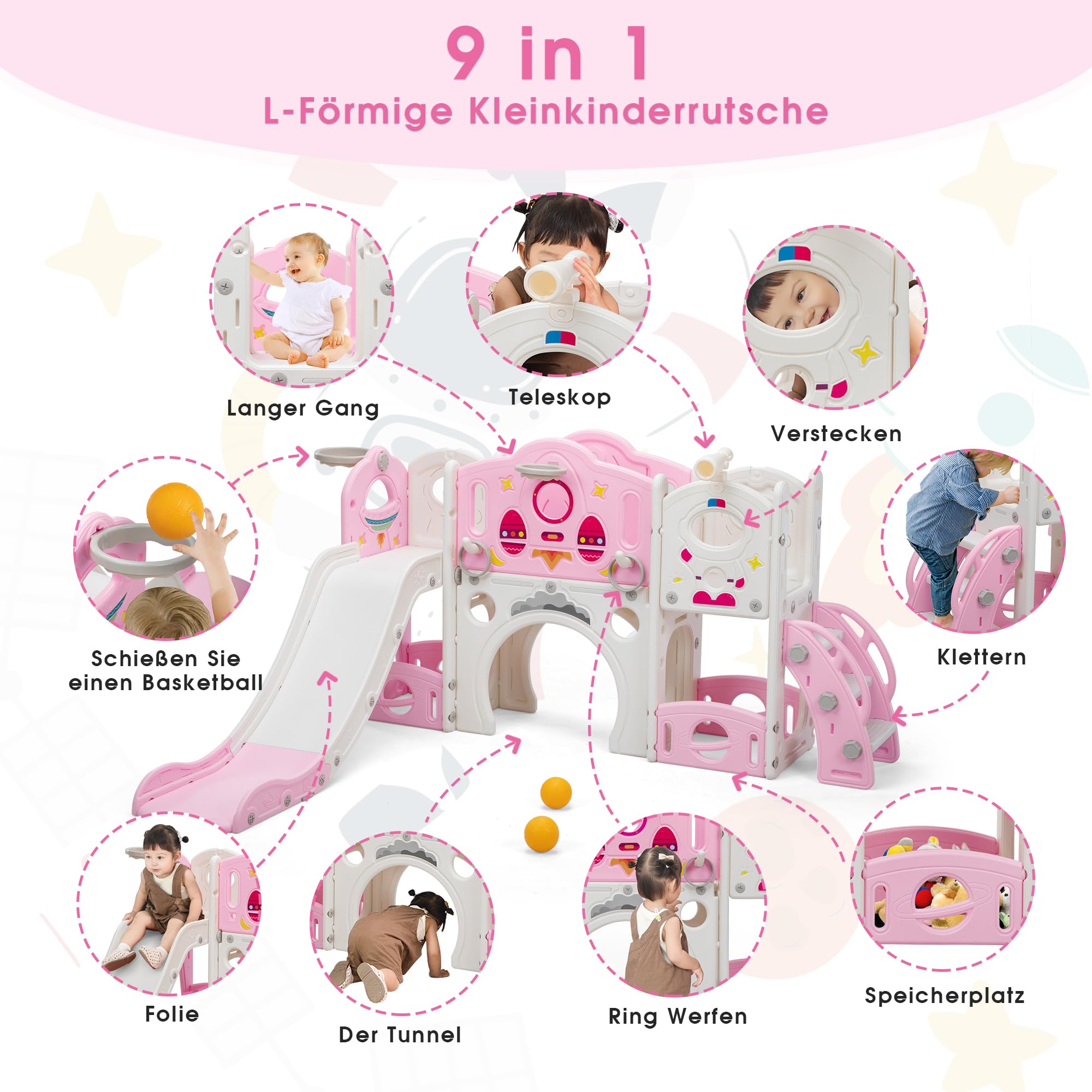 Juego de tobogán para niños 9 en 1 y juego de escalada para patio trasero independiente para niños de 1 a 4 años, con escalera, trastero, túnel, telescopios, caña multifunción