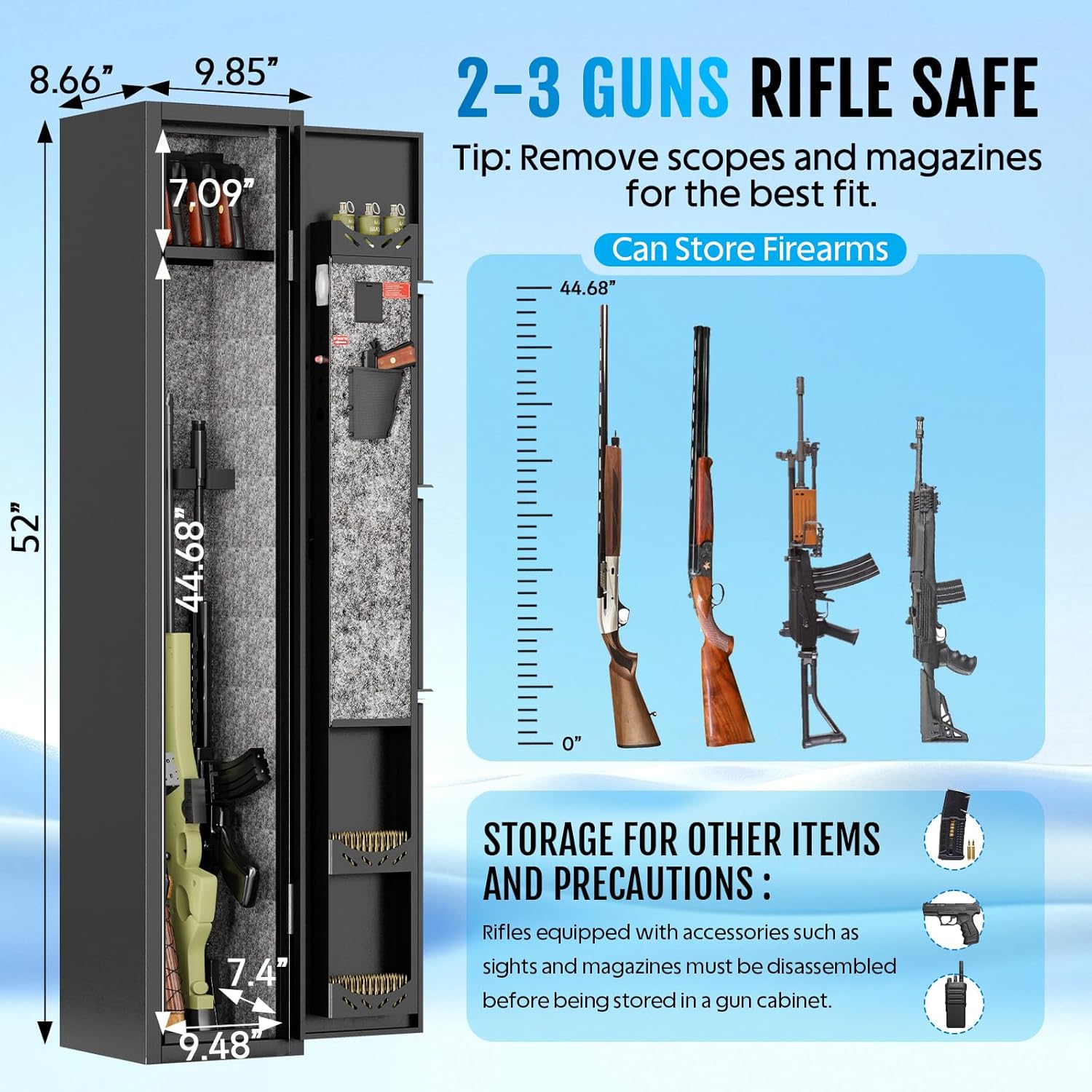 KAER 2-3 Gun Safe for Rifles and Pistols Guns Cabinet for Shotguns Quick Access Long Rifle Safes with Removable Rack LED Light Adjustable Shelves for Home Living Room Bedroom Closet Cloakroom (Black)