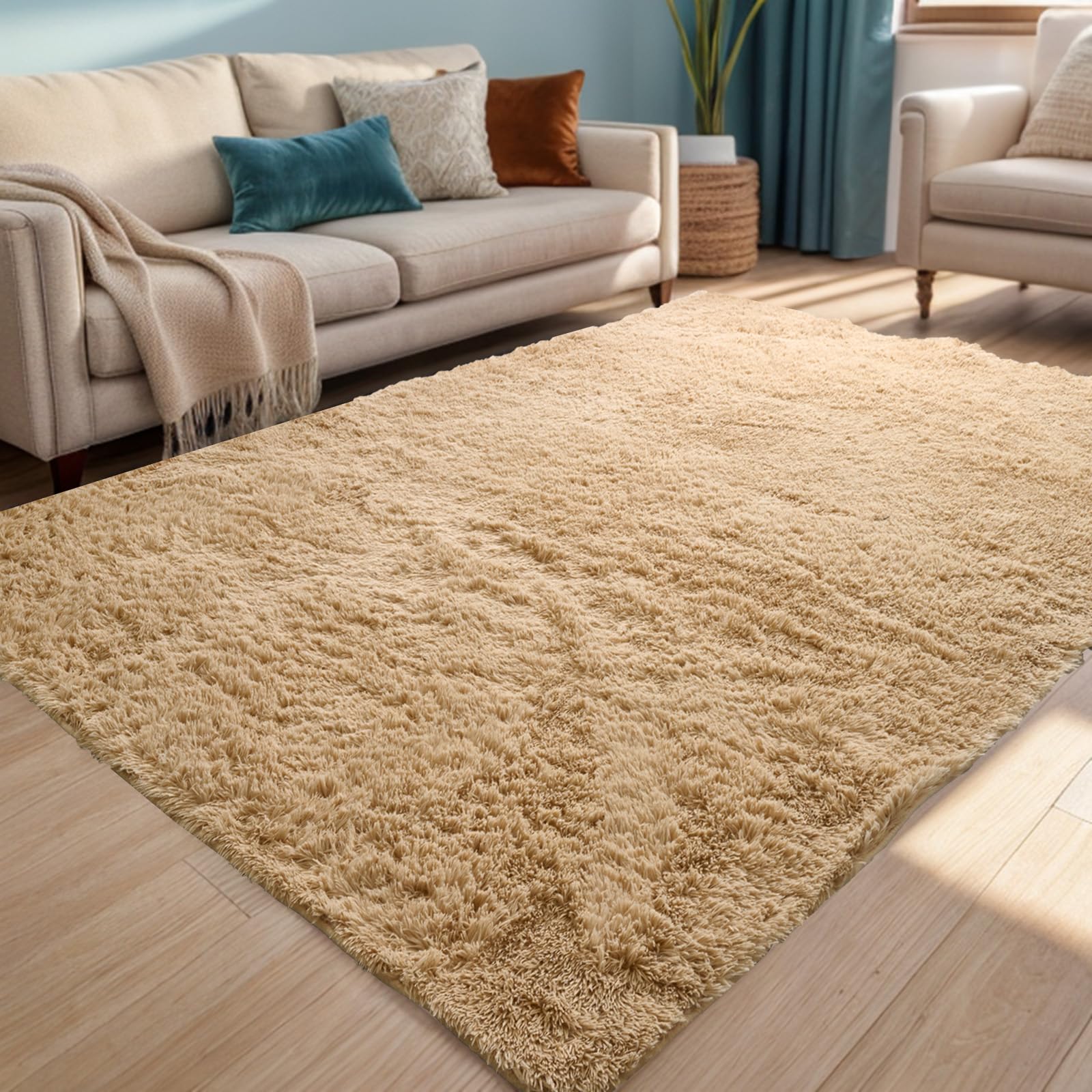 ISMOL Alfombra Suave y mullida, Lavable, Antideslizante, para salón, Dormitorio, habitación de los niños, Alfombra Moderna de Color Liso (Caqui,60x90cm)