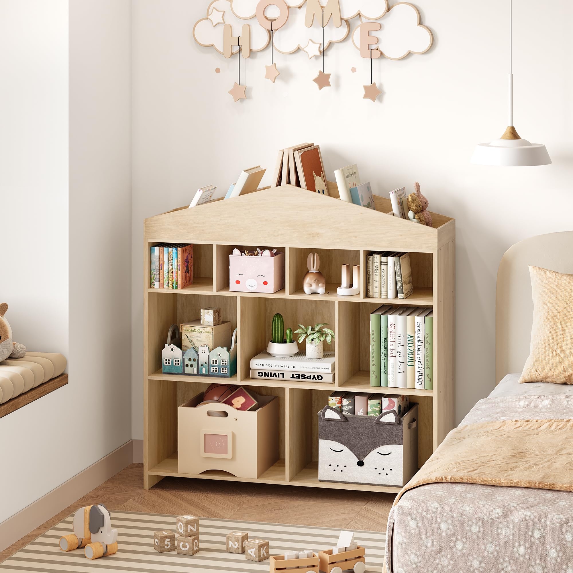 Kinderregal Hausform Holz, 103,5x100x30 cm | 4 Etagen Aufbewahrungsregal, Für Spielzeug & Bilderbücher, Ideal für Kinderzimmer, Spielzimmer oder Kindergarten