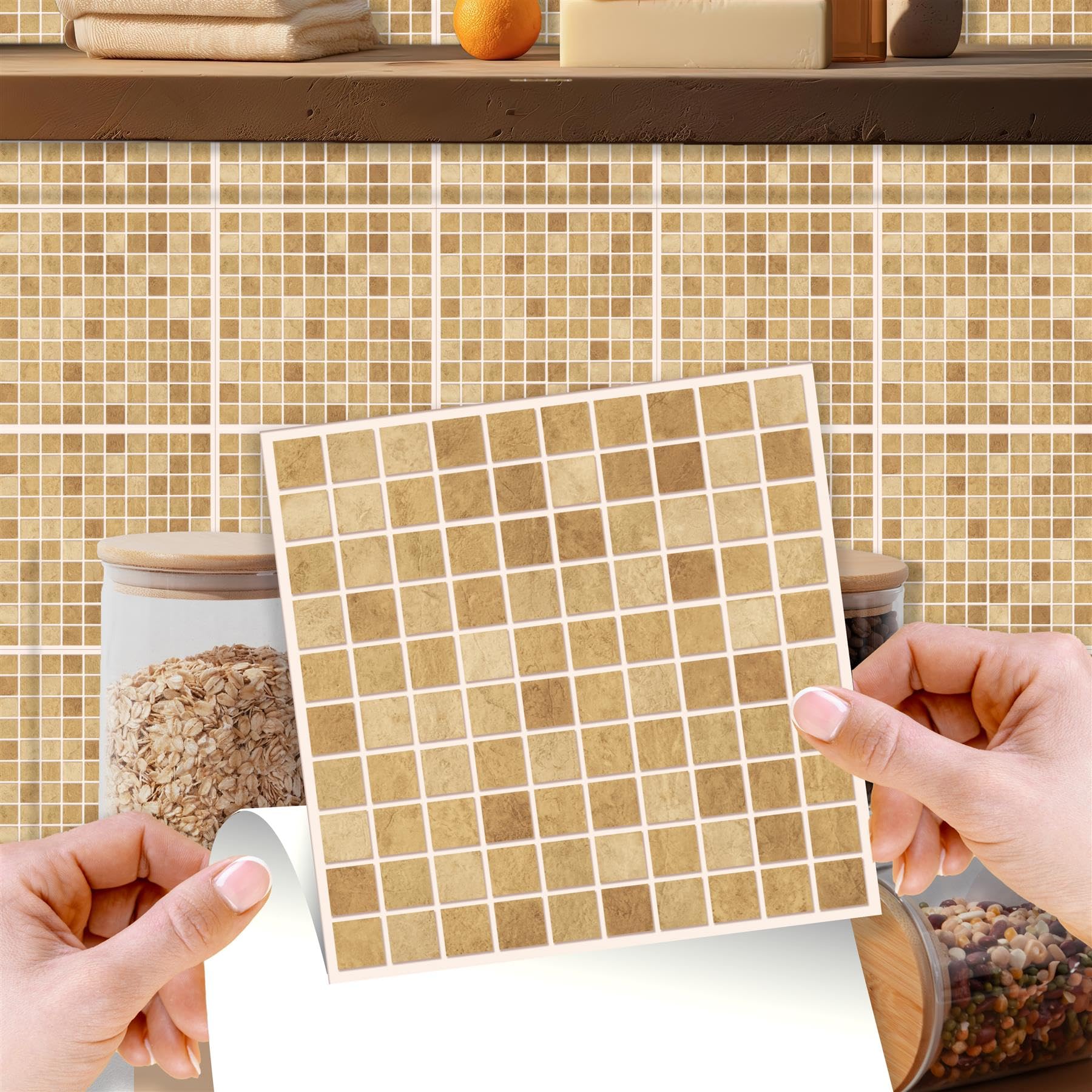 WALPLUS 15cm(6") 96 Pieces Boticcino Marble Mosaic Wall Tile Sticker Set Peel and Stick Backsplash Decals Vinyl Home Decors Splashback for Kitchen Bathroom Tile Paint Stick on Wall Bedroom