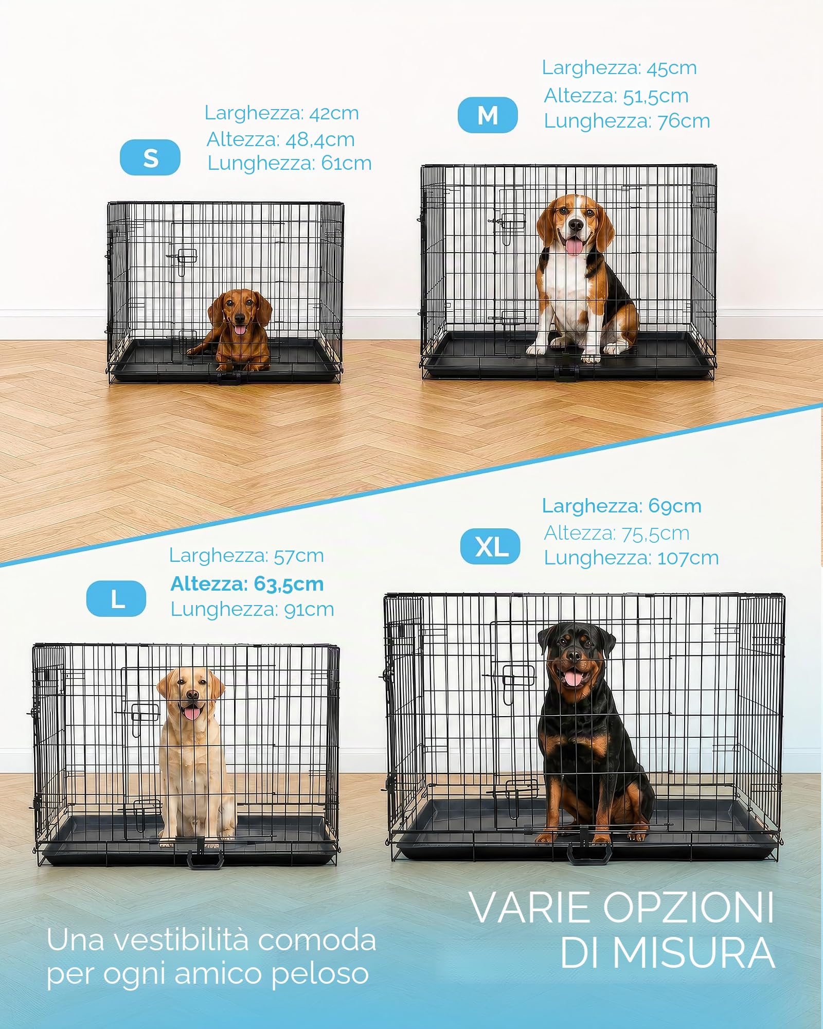Gabbia per cani 107x68.5x77cm – gabbia pieghevole in metallo con due porte, vassoio in plastica anti morso e maniglia da trasporto – perfetto per l’addestramento dei cuccioli
