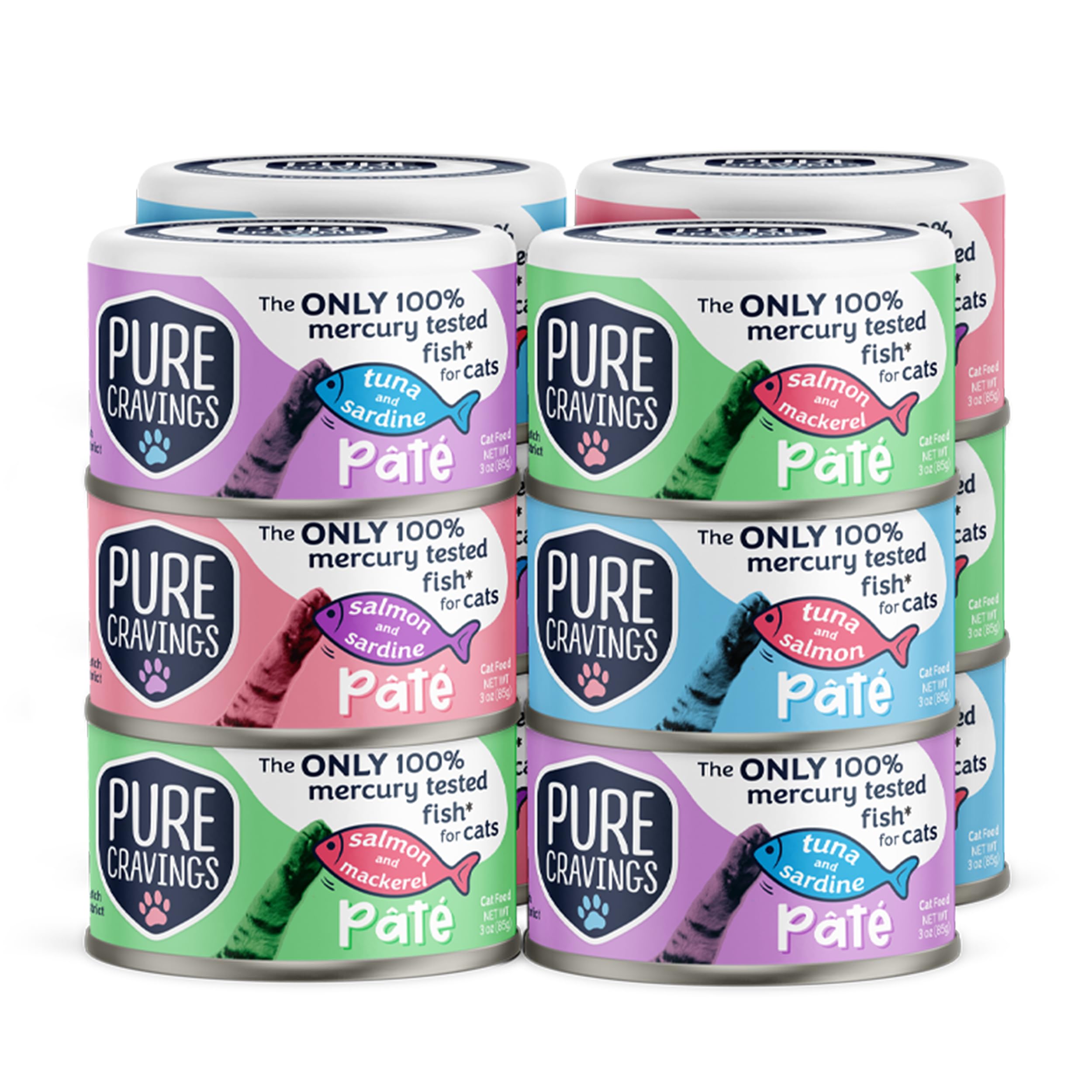 Pure Cravings Pate, Canned Wet Cat Food, 100% Mercury-Tested, Moist Can Fish, Grain-Free Protein, Non-GMO, Variety Pack of 12-3X Tuna/Salmon, 3X Tuna/Pumpkin, 3X Tuna/Sardine, 3X Salmon/Sardine