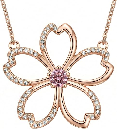 Cherry Blossom Necklace for Women, Sakura Flower Pendant Necklace with Pink Crystal, Dainty Floral Jewelry Gift for Her